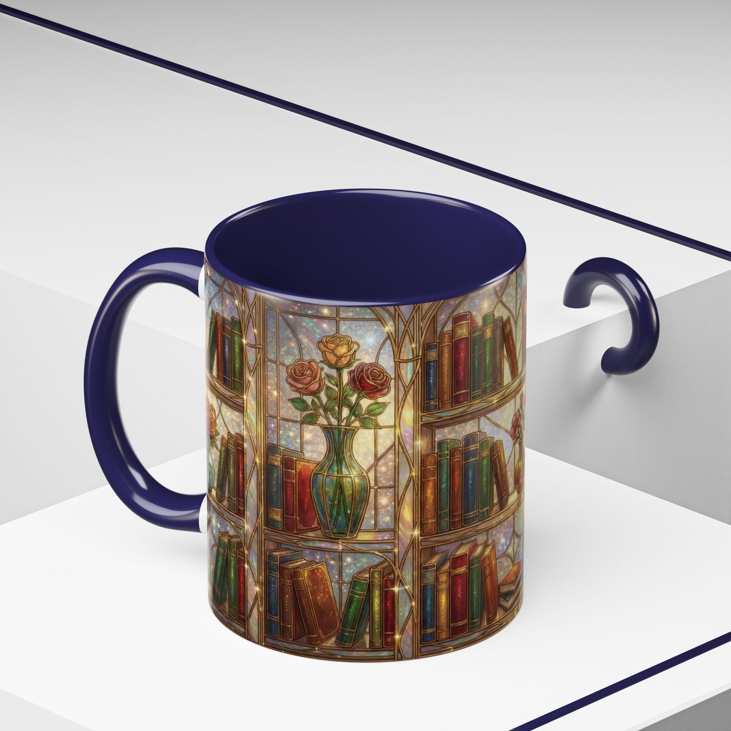 Stained Glass Books Mug, Book Lover Coffee Mug, Cozy Library Mug, Bookish Gift For Readers, Dark Academia Mug, Floral Bookshelf Cup