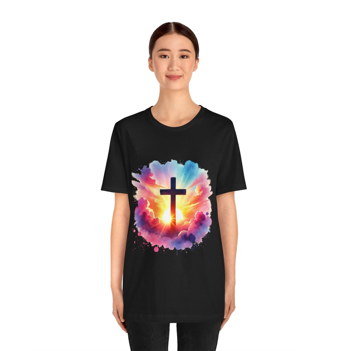 Faith Cross Sunburst Christian Tee | Inspirational Christian T-Shirt | Colorful Sunrise Cross Shirt | Faith Gifts for Women Men