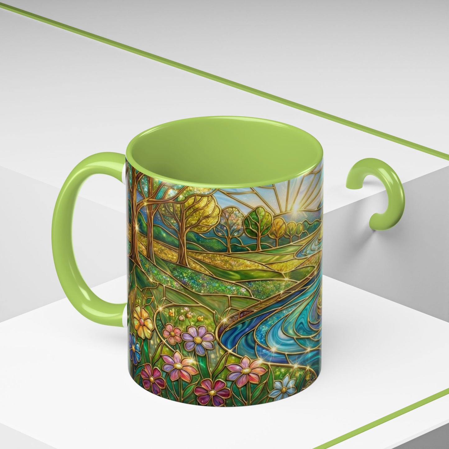 Stained Glass Mug, River Landscape Coffee Cup, Nature Lover Gift, Floral Tea Mug, Gardener Present, Art Teacher Gift, Colorful Scenery Cup