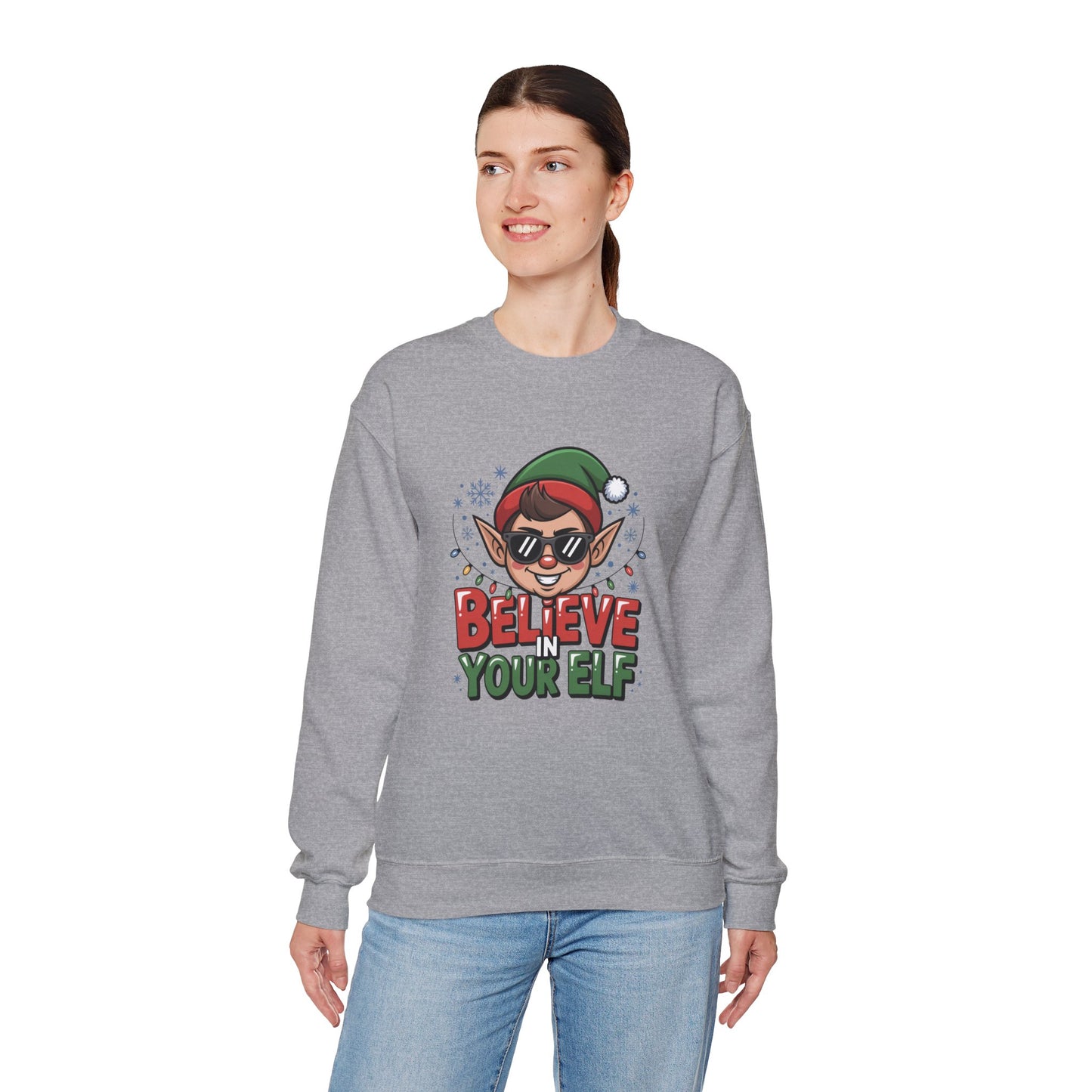 Believe In Your Elf Christmas Sweatshirt, Funny Elf Holiday Sweater, Unisex Christmas Crewneck, Festive Gift For Friends And Family