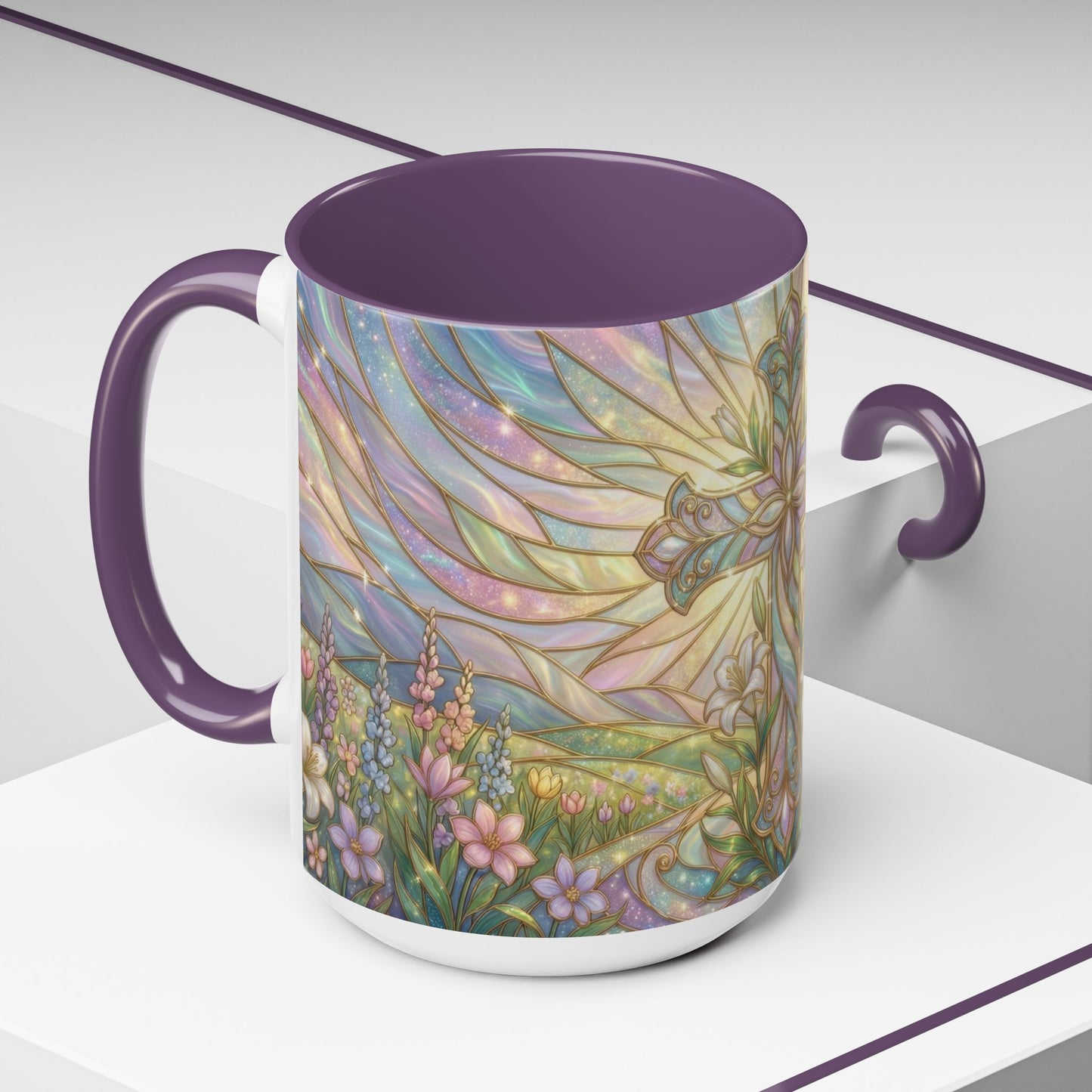 Stained Glass Cross Mug, Easter Lily Coffee Cup, Christian Religious Gift, Pastel Floral Faith Mug, Spring Believer Cup, Baptism Present