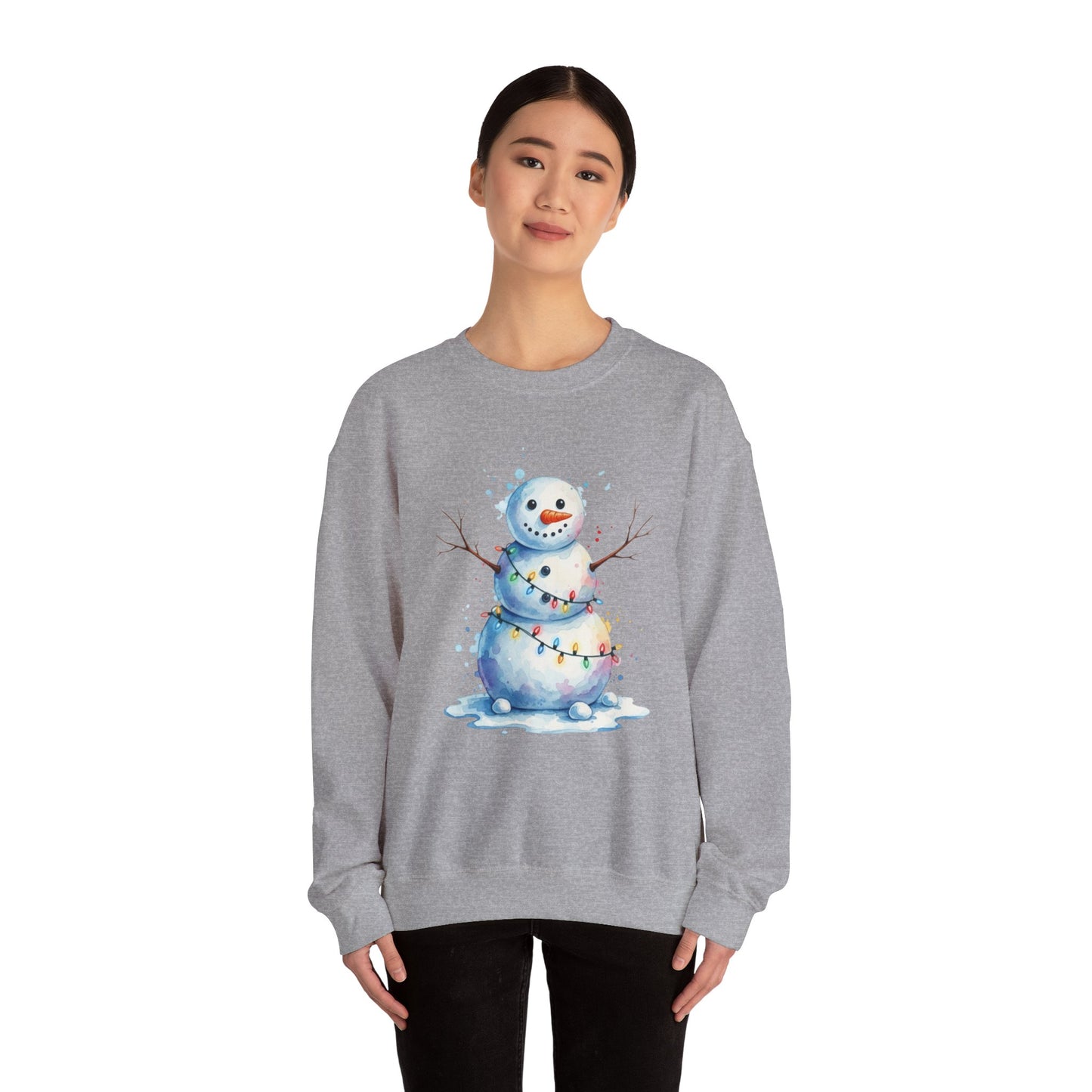 Watercolor Snowman Christmas Sweatshirt, Cute Snowman Crewneck for Winter, Holiday Lights Snowman Sweater, Cozy Unisex Christmas Gift