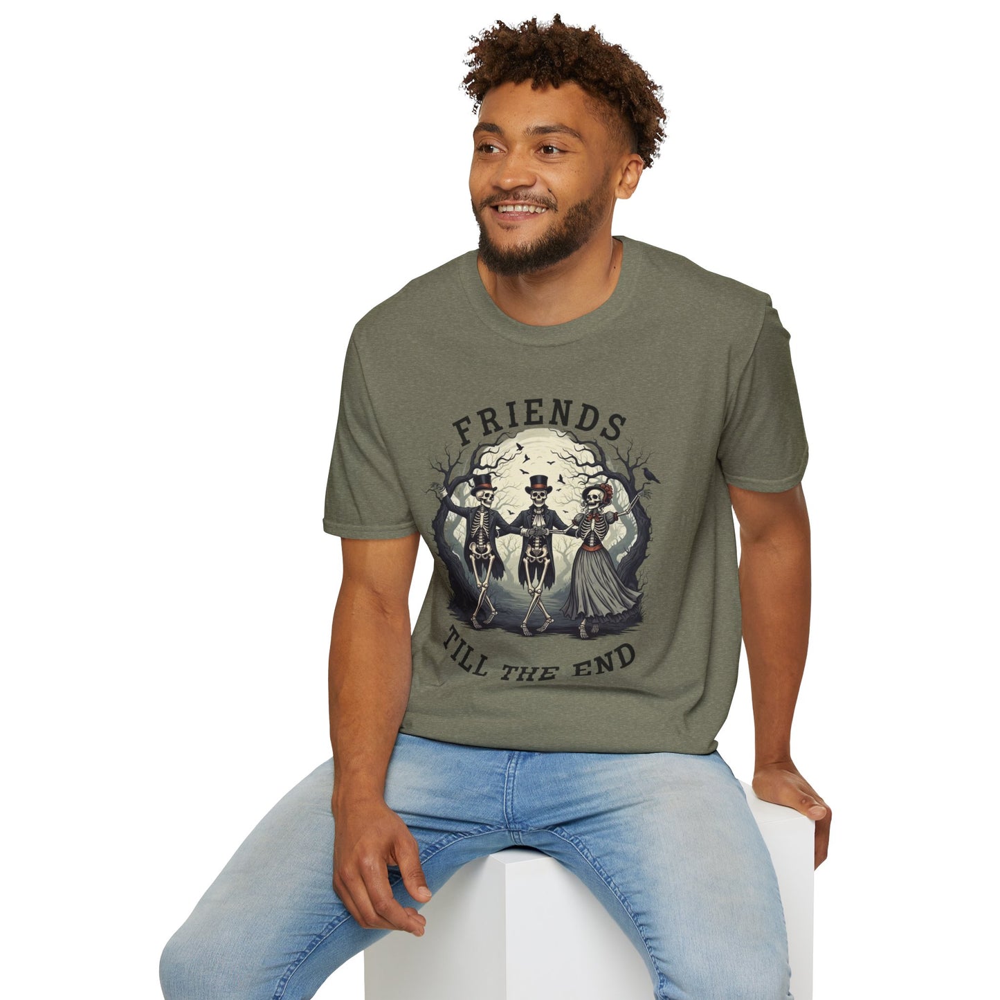 Friends Till The End Skeleton Tee | Dancing Skeleton Friends Shirt | Halloween Gothic BFF Gift | Unisex Heather Grey Graphic T-Shirt