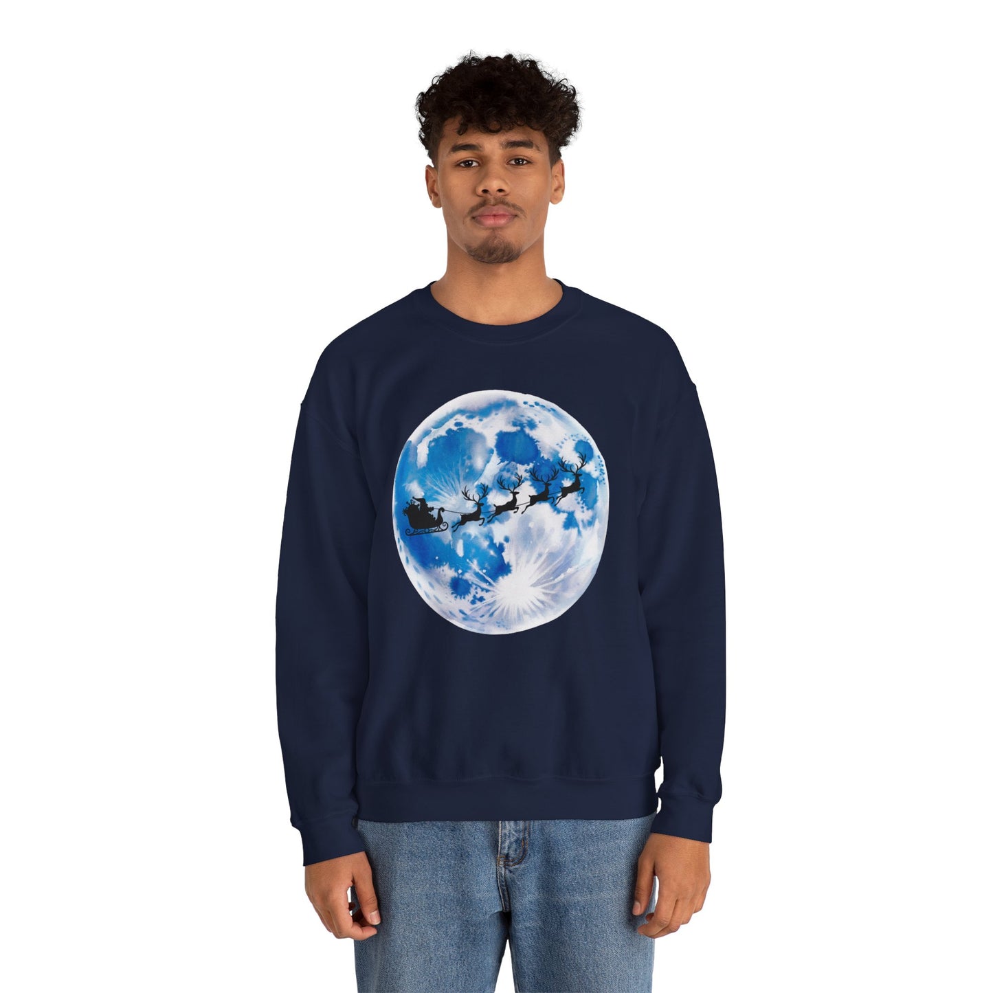 Santa And Reindeer Full Moon Christmas Sweatshirt, Holiday Night Sky Sweater, Cozy Unisex Crewneck, Festive Gift For Christmas Lovers