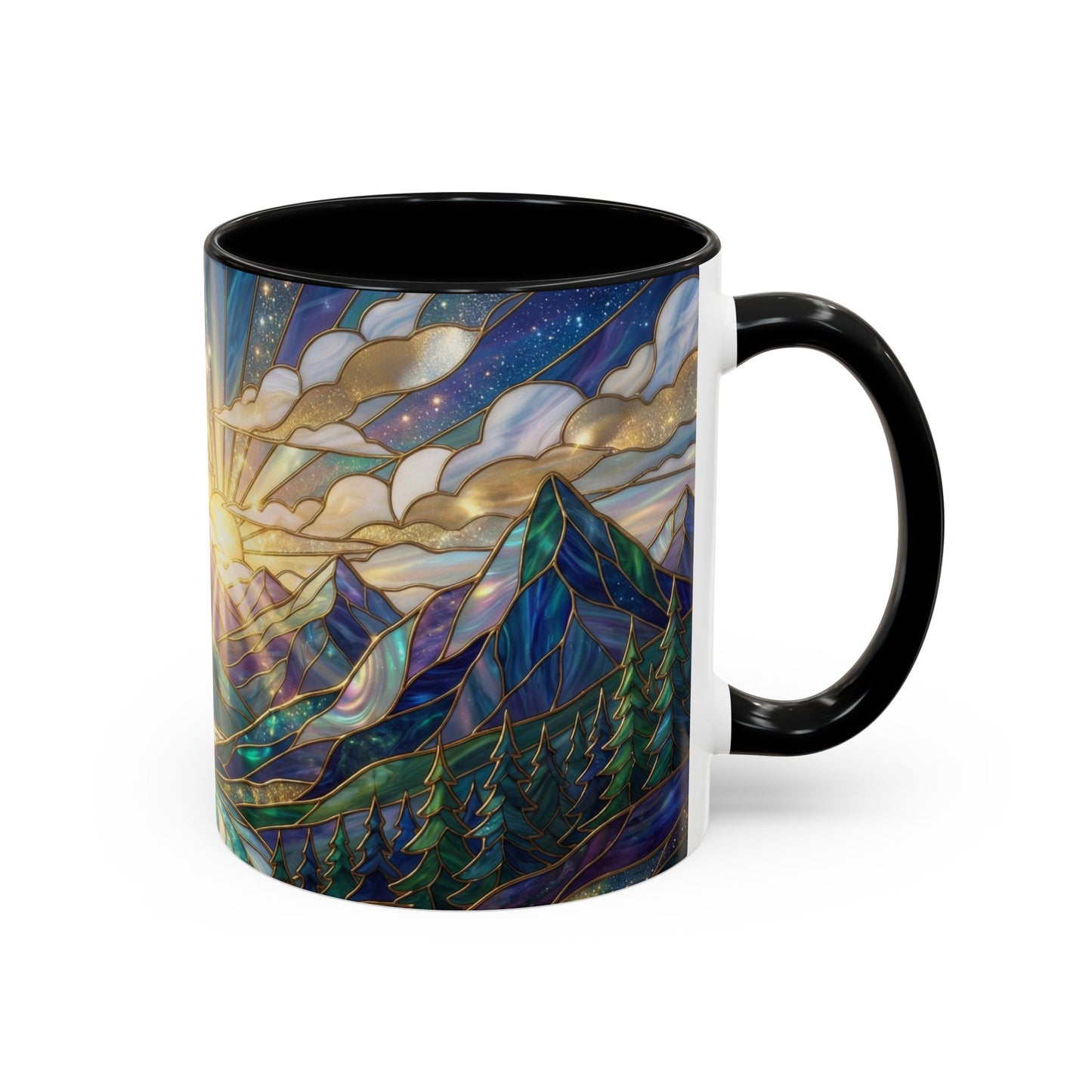 Mountain Art Mug, Scenic Mountain Coffee Cup, Nature Lover Ceramic Mug, Stained Glass Style Landscape, 11oz 15oz Gift, Outdoor Hiking Mug, Unique Coffee Tea Cup