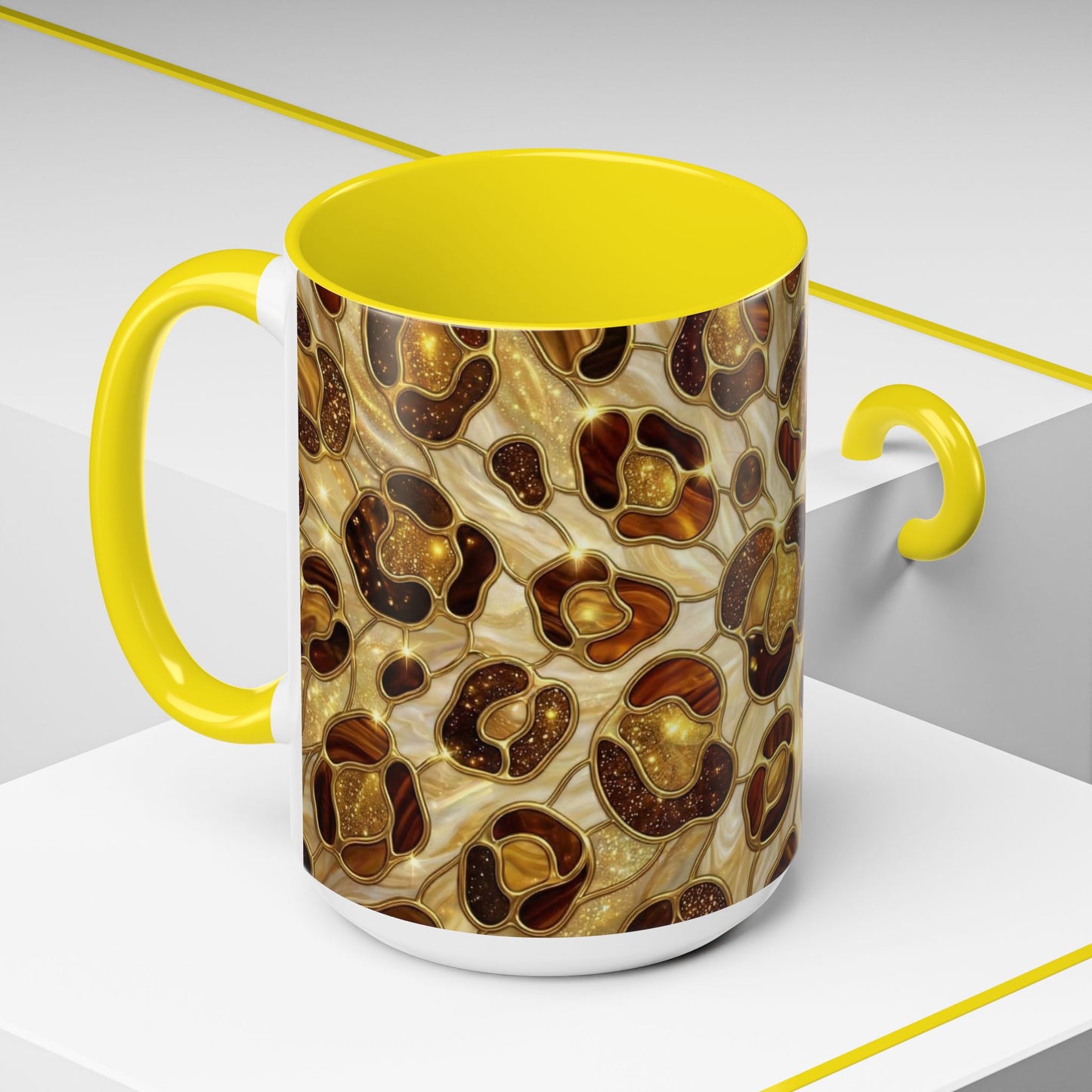 Stained Glass Leopard Print Mug, Gold Cheetah Coffee Cup, Luxury Animal Print Gift, Glam Mosaic Tea Mug, Trendy Desk Decor For Her Gifts