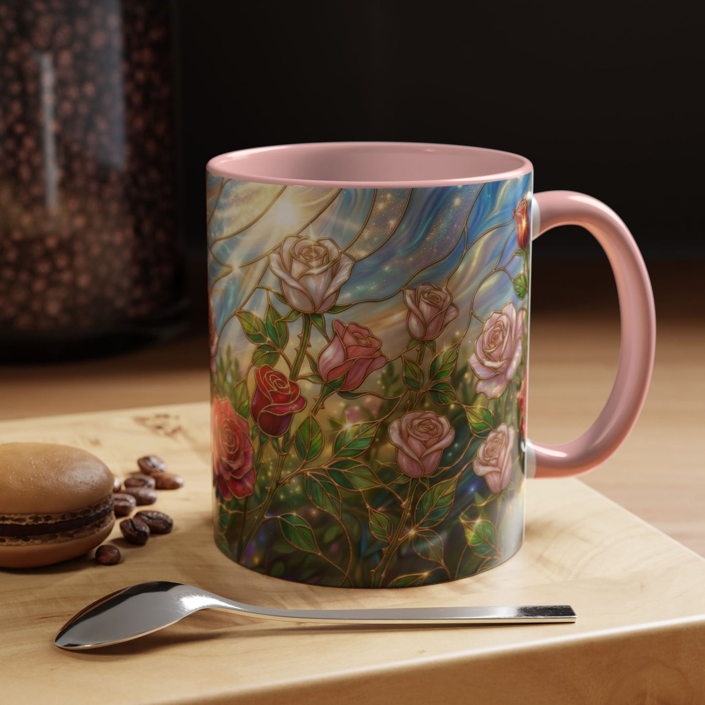 Stained Glass Rose Garden Mug, Floral Rose Coffee Cup, Elegant Flower Mug, Blue Green Gold Glass Style Design, Romantic Gift For Her