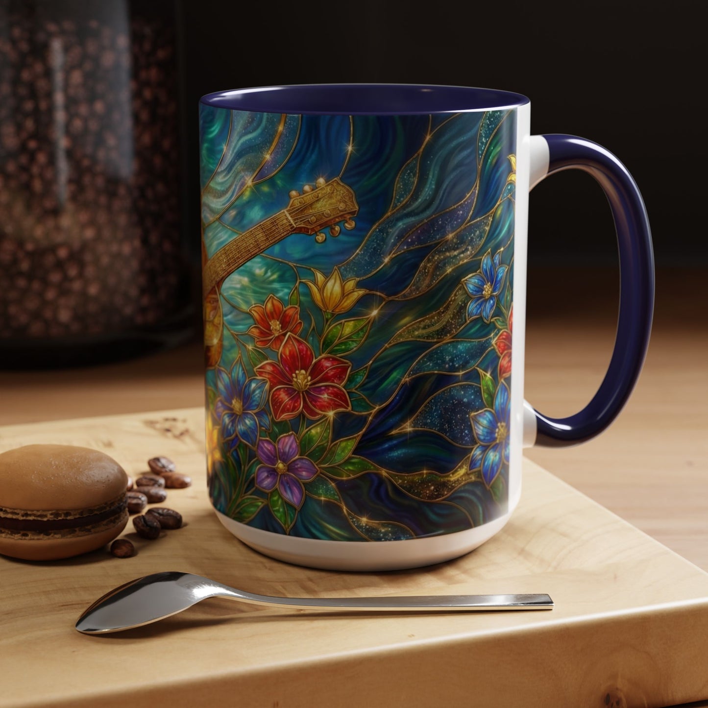 Guitar Coffee Mug, Stained Glass Guitar Art Mug, Music Lover Gift, Floral Acoustic Guitar Mug, Ceramic Coffee Cup, Unique Musician Gift, 11oz