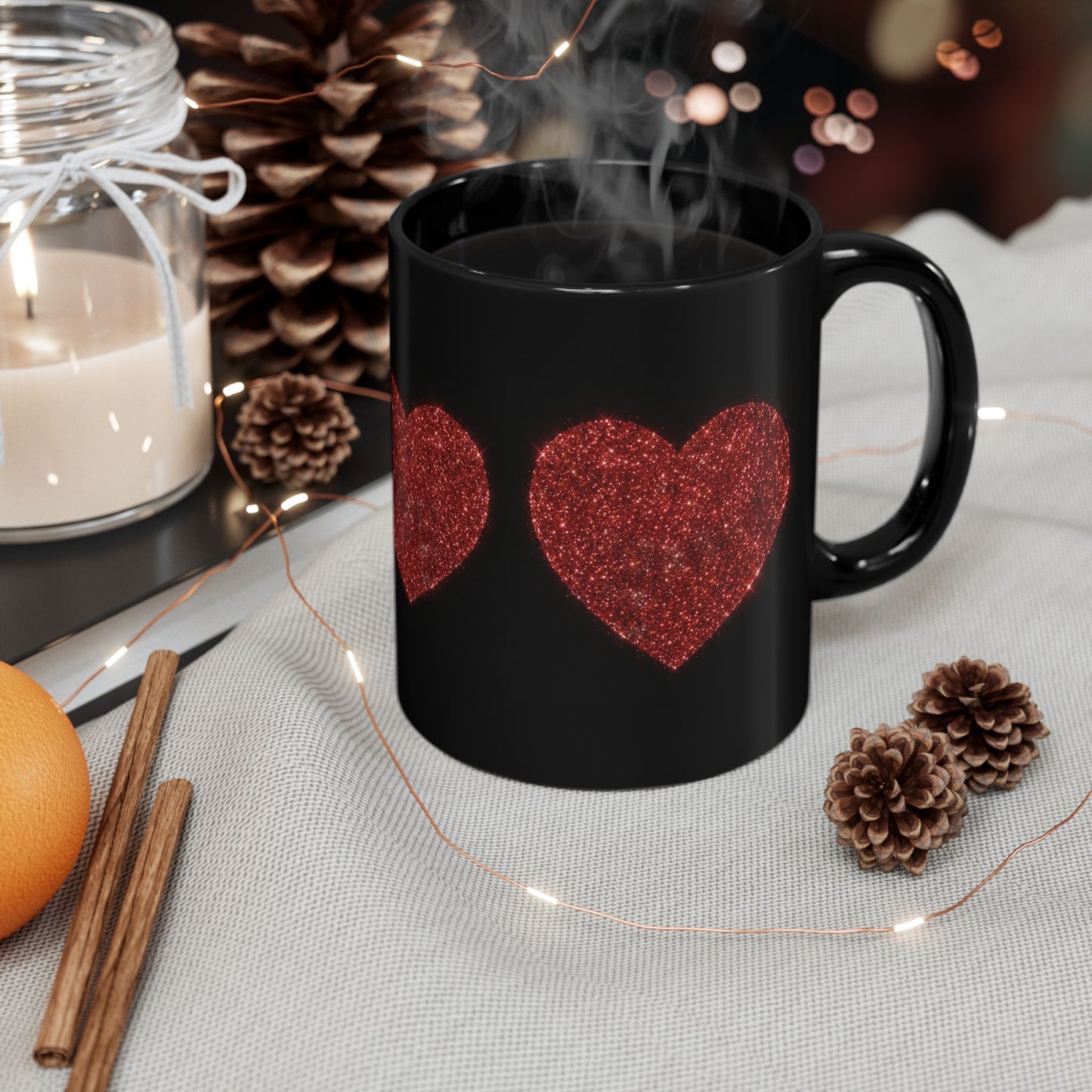 Glitter Heart Mug, Red Sparkle Heart Coffee Cup, Black Valentine Mug, Love Gift For Her Him, Romantic Coffee Mug