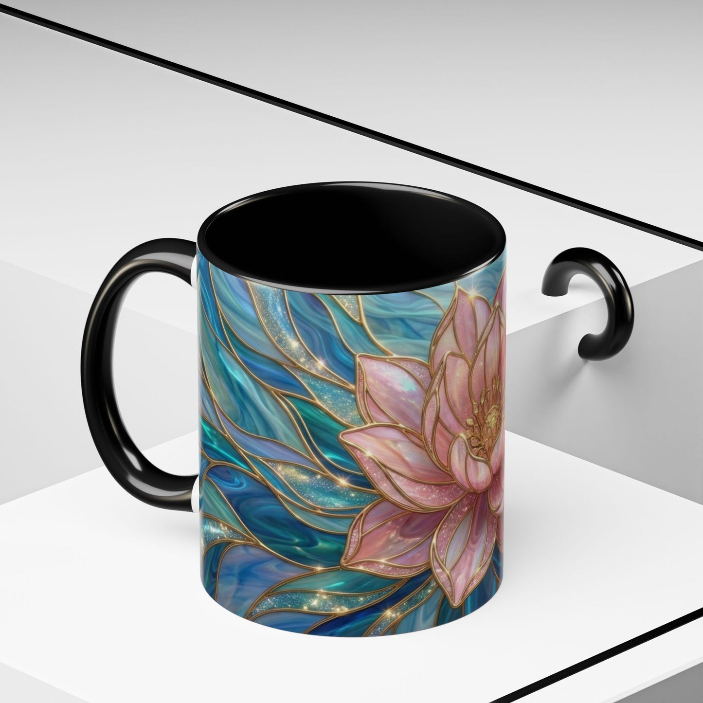 Pink Lotus Flower Mug, Stained Glass Style Coffee Cup, Spiritual Zen Gift For Women, Yoga Lover Tea Mug, Meditation Boho Floral Drinkware