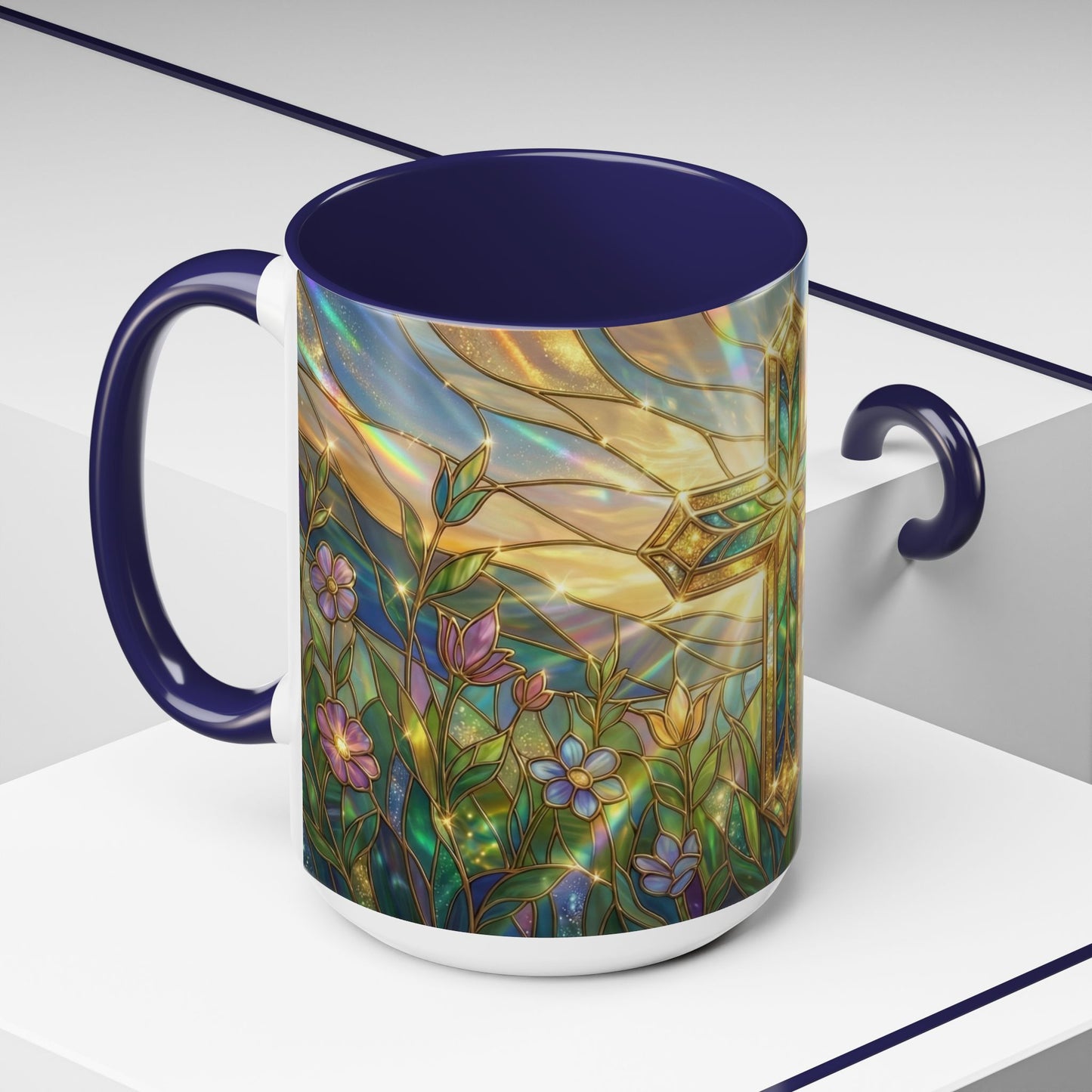 Stained Glass Cross Mug, Christian Coffee Cup With Floral Design, Faith Inspired Ceramic Mug, Religious Gift, 11oz 15oz