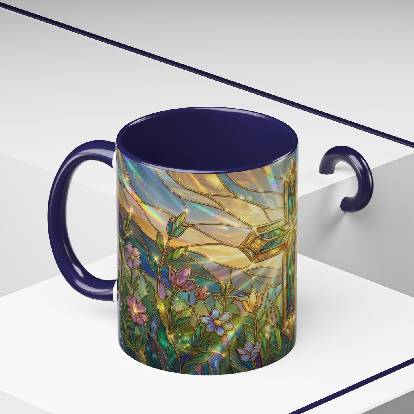 Stained Glass Cross Mug, Christian Coffee Cup With Floral Design, Faith Inspired Ceramic Mug, Religious Gift, 11oz 15oz