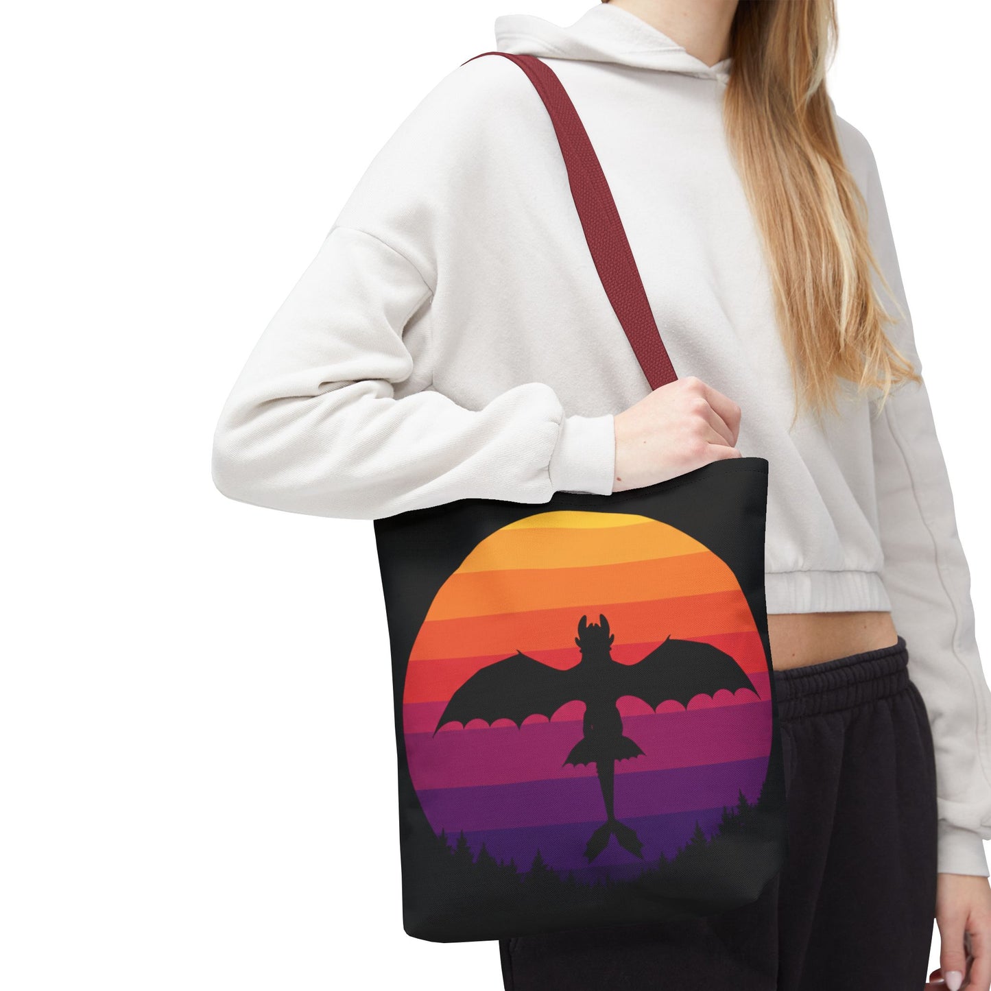 Sunset Dragon Flight Tote Bag, Reusable Eco-Friendly Shoulder Bag With Silhouette Design, Aesthetic Black Tote For Everyday Use And Gifts