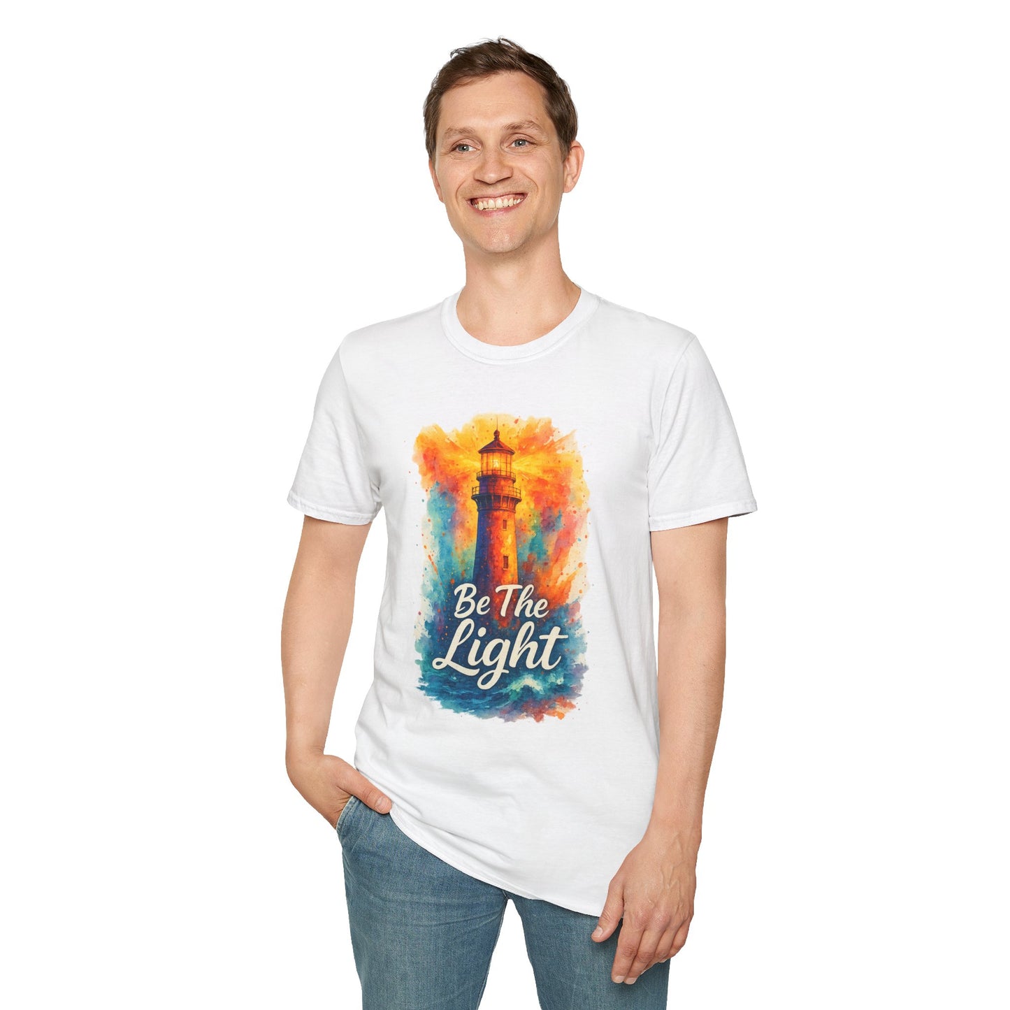 Be The Light Lighthouse T-Shirt | Inspirational Spiritual Tee | Coastal Nautical Gift for Her and Him | Unisex Softstyle Graphic Tee
