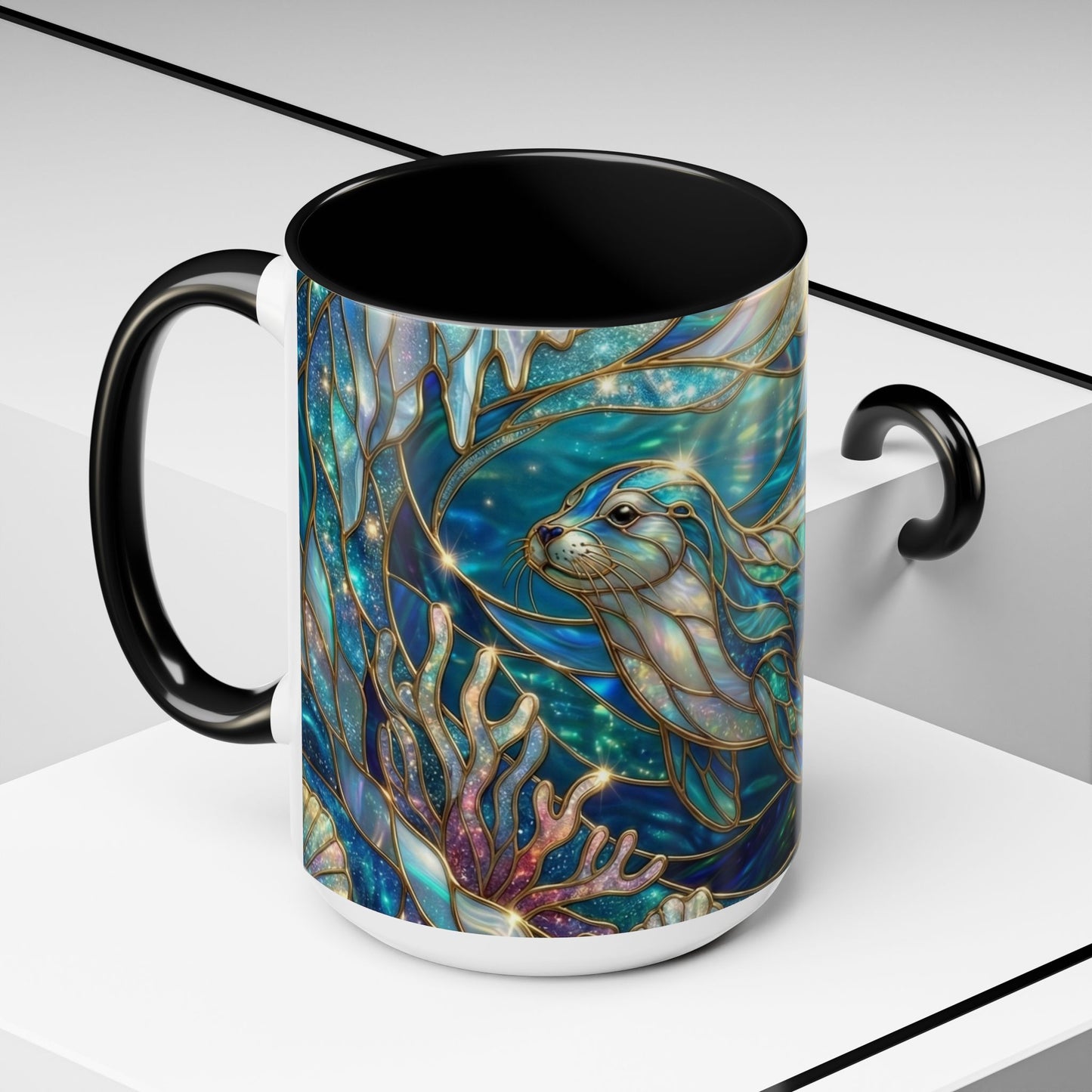 Seal Coffee Mug, Stained Glass Seal Mug, Cute Ocean Animal Art Mug, Marine Life Gift, Unique Ceramic Coffee Cup, 11oz 15oz Wildlife Mug