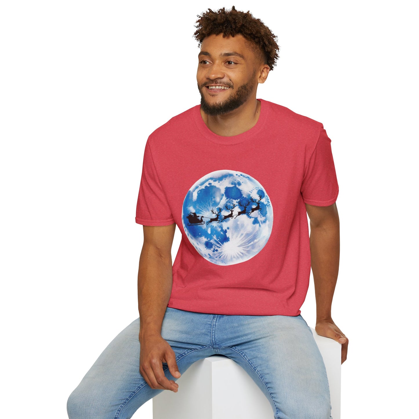 Santa Moon Christmas T-Shirt, Reindeer Sleigh Christmas Tee, Holiday Moonlight Xmas Shirt, Festive Christmas Graphic Tee, Winter Night Christmas Gift Tee
