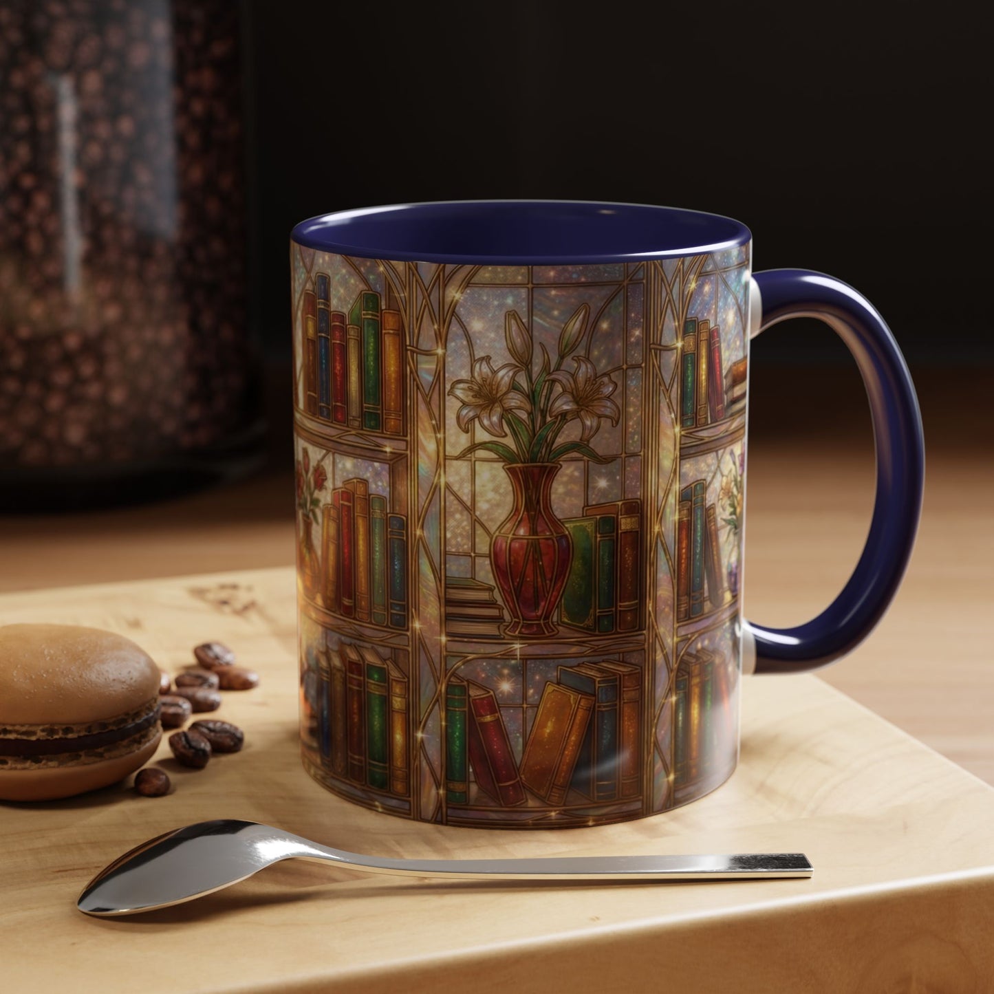 Stained Glass Books Mug, Book Lover Coffee Mug, Cozy Library Mug, Bookish Gift For Readers, Dark Academia Mug, Floral Bookshelf Cup