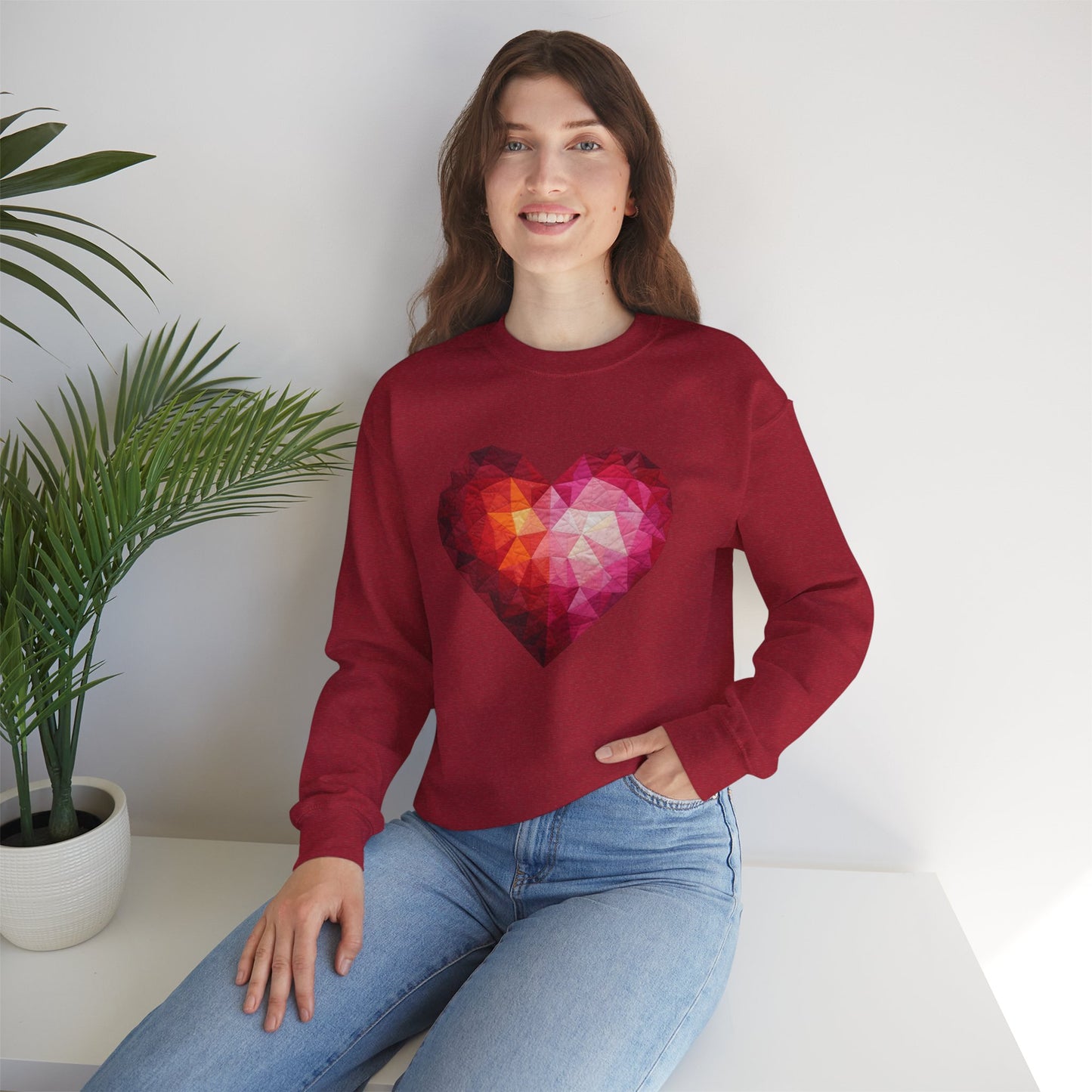 Faux Patchwork Heart Sweatshirt, Geometric Heart Sweater, Cute Valentines Sweatshirt, Cozy Pink Heart Crewneck, Winter Heart Pullover