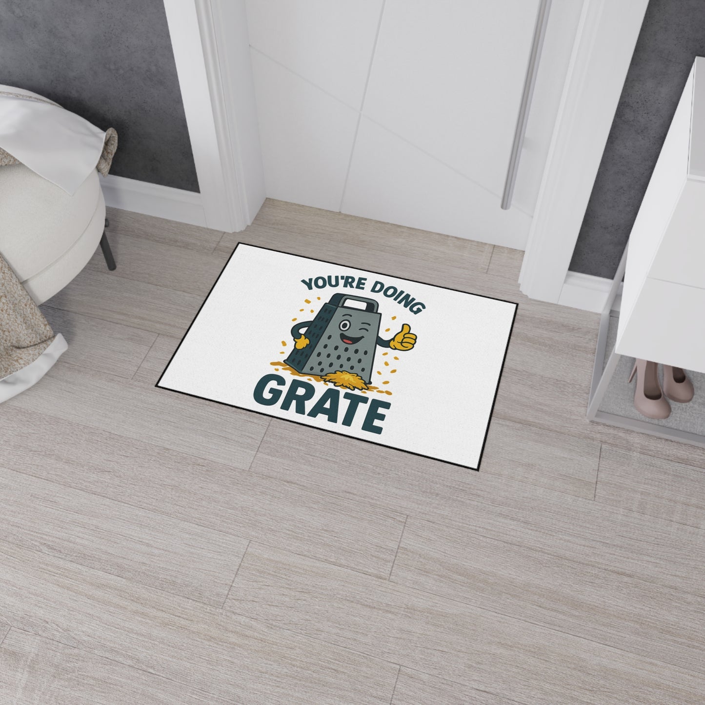 Funny Kitchen Mat – “You’re Doing Grate” Floor Rug, Cheese Grater Pun Mat, Cute Home Gift for Friends or Foodies