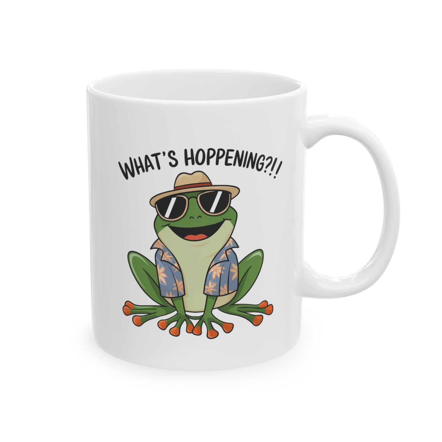 What’s Hoppening?! Frog Mug – Funny Tropical Frog in Hawaiian Shirt Coffee Cup, Cute Animal Ceramic Mug, Funky Gift for Frog Lovers