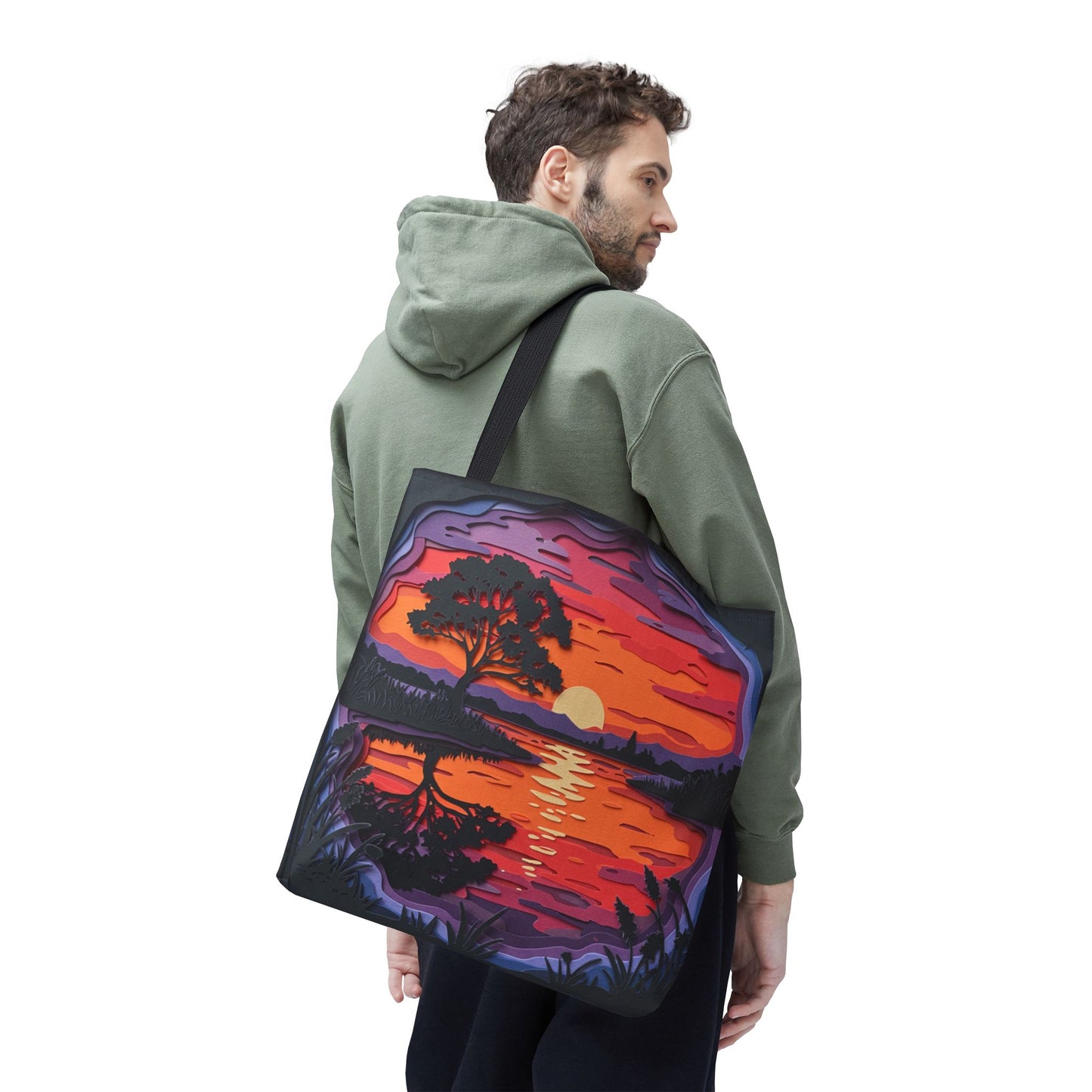 Sunset Landscape Canvas Tote Bag – Paper‑Art Inspired Nature Scene Tote – Colorful Sunset Market Tote, Eco Reusable Beach Bag, Vibrant Gift for Her