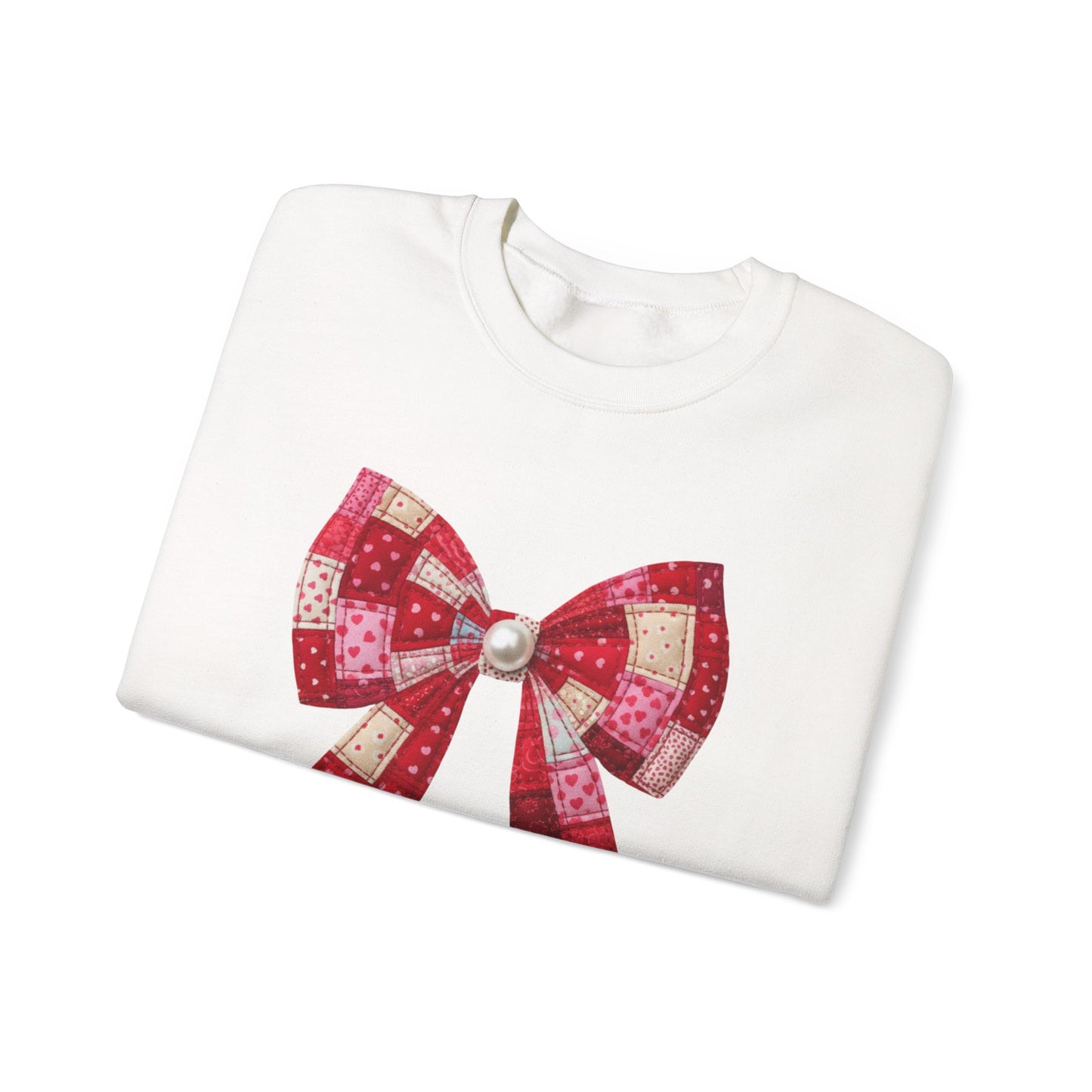 Faux Patchwork Bow Sweatshirt, Quilted Look Bow Crewneck, Pearl Center Bow Pullover, Cozy Coquette Sweatshirt, Girly Gift