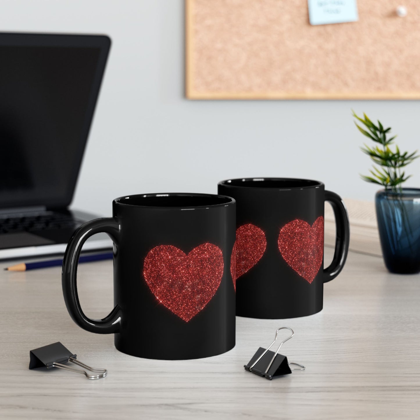 Glitter Heart Mug, Red Sparkle Heart Coffee Cup, Black Valentine Mug, Love Gift For Her Him, Romantic Coffee Mug