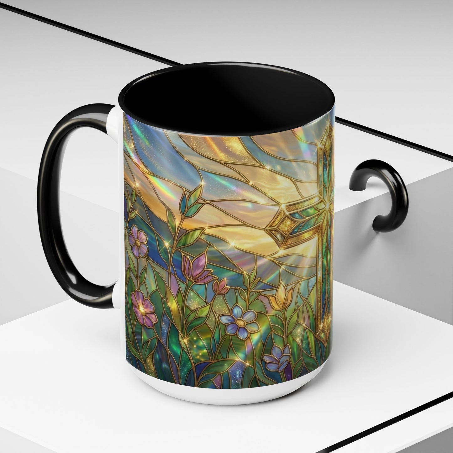 Stained Glass Cross Mug, Christian Coffee Cup With Floral Design, Faith Inspired Ceramic Mug, Religious Gift, 11oz 15oz