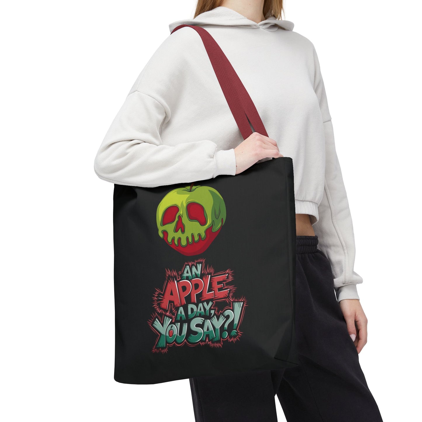 Spooky Halloween Tote Bag – Poison Apple Design – Funny Gothic Tote – Trick or Treat Bag – Creepy Apple Pun Gift – Black Tote Bag