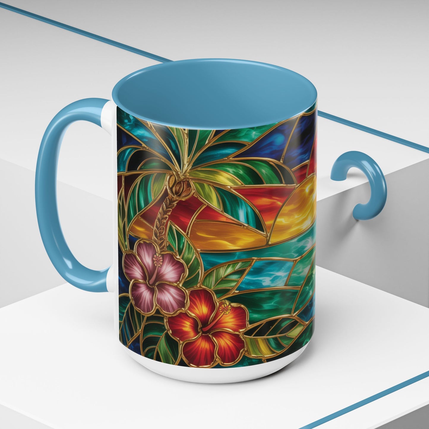 Stained Glass Tropical Sunset Mug, Hibiscus Flower Coffee Cup, Beach Lover Gift, Colorful Palm Tree Mug, Coastal Art Drinkware, Summer Cup
