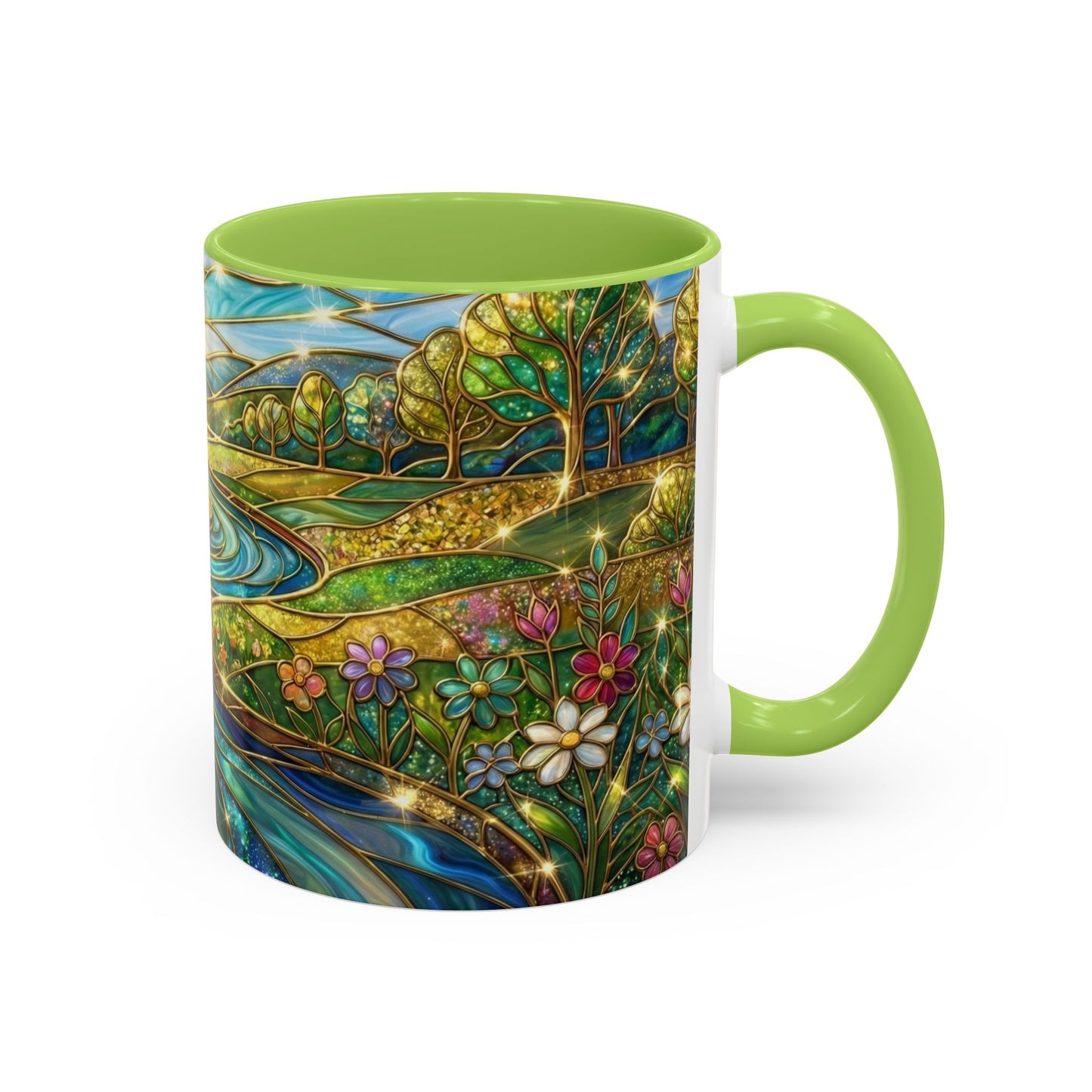 Stained Glass Mug, River Landscape Coffee Cup, Nature Lover Gift, Floral Tea Mug, Gardener Present, Art Teacher Gift, Colorful Scenery Cup