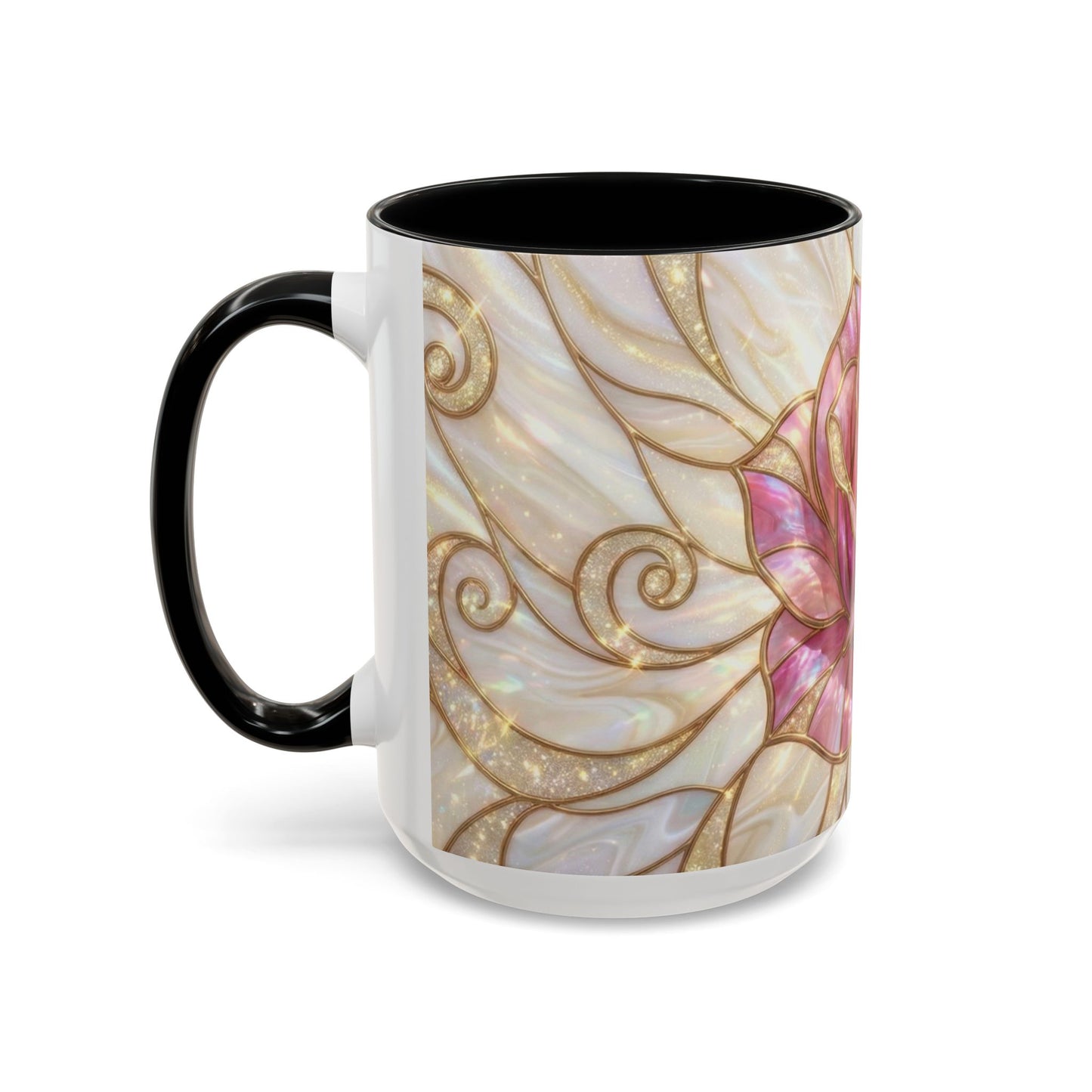 Pink Rose Stained Glass Mug, Gold Floral Coffee Cup, Romantic Flower Tea Cup, Gardener Gift For Mom, Botanical Art, Wife Birthday Gift