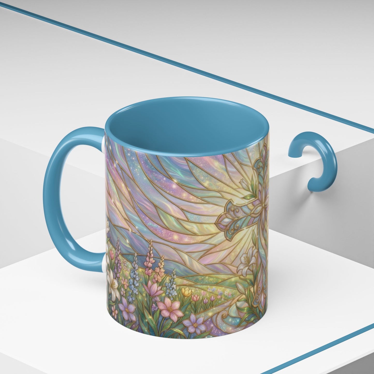 Stained Glass Cross Mug, Easter Lily Coffee Cup, Christian Religious Gift, Pastel Floral Faith Mug, Spring Believer Cup, Baptism Present