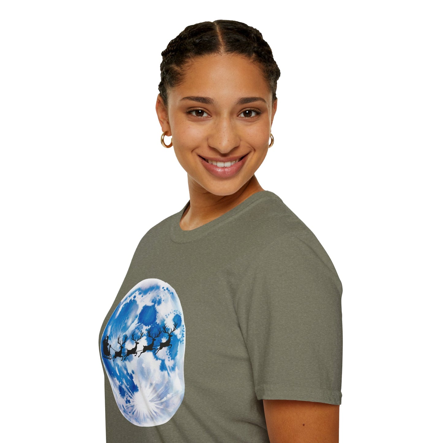 Santa Moon Christmas T-Shirt, Reindeer Sleigh Christmas Tee, Holiday Moonlight Xmas Shirt, Festive Christmas Graphic Tee, Winter Night Christmas Gift Tee