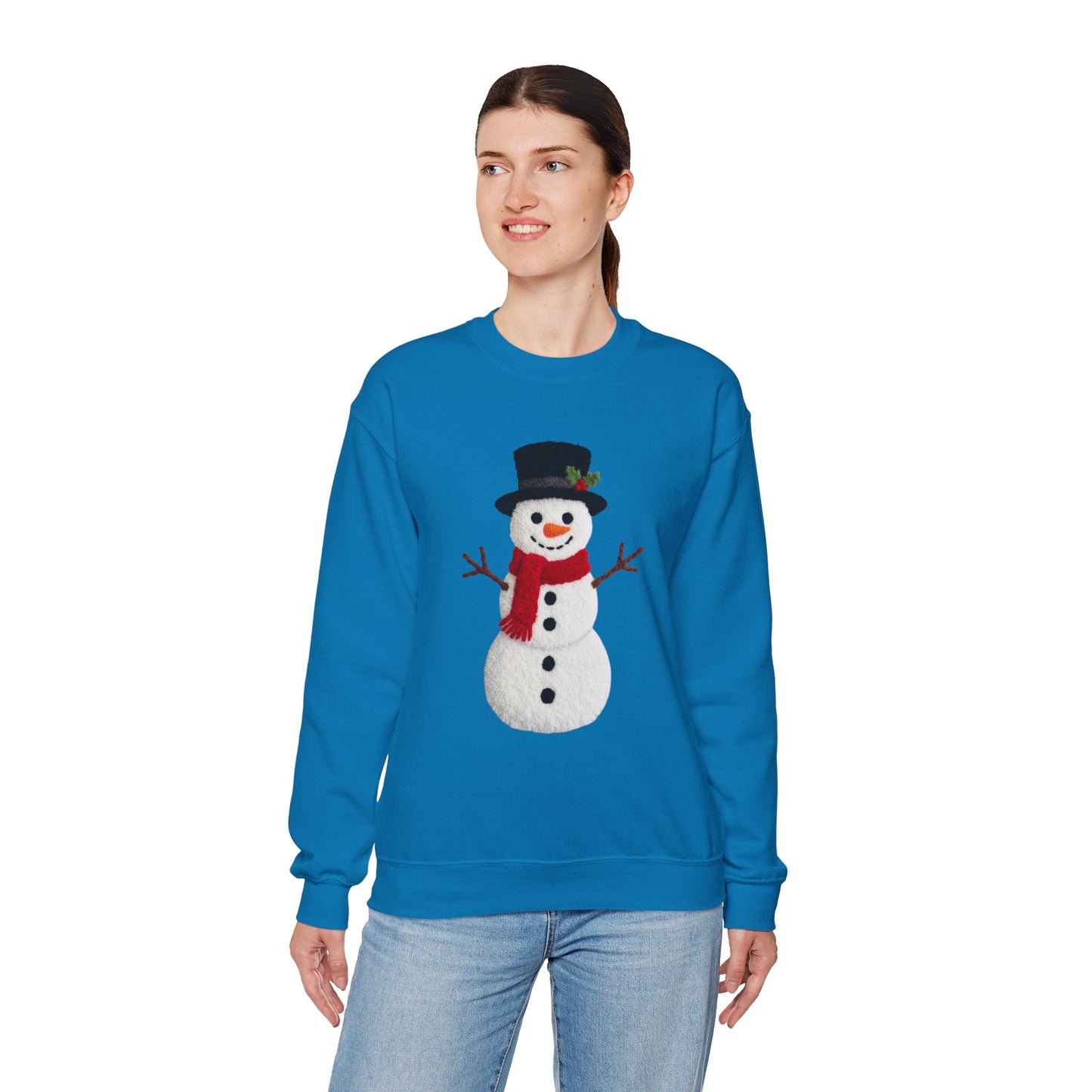 Faux Patchwork Crochet Snowman Sweatshirt, Winter Snowman Crewneck, Cozy Holiday Sweater, Christmas Sweatshirt, Festive Winter Shirt, unisex gift
