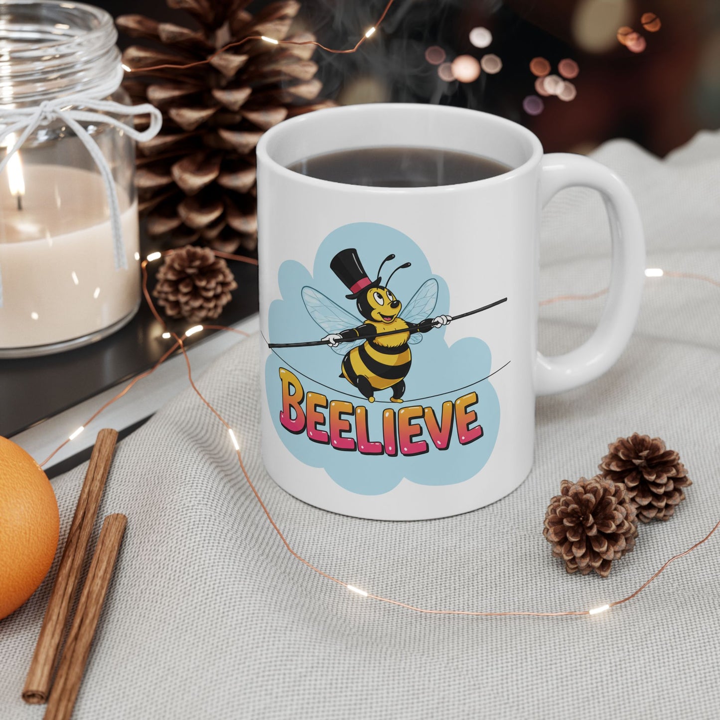 Ceramic Mug - Beelieve Fun Pun Bee Tightrope Design