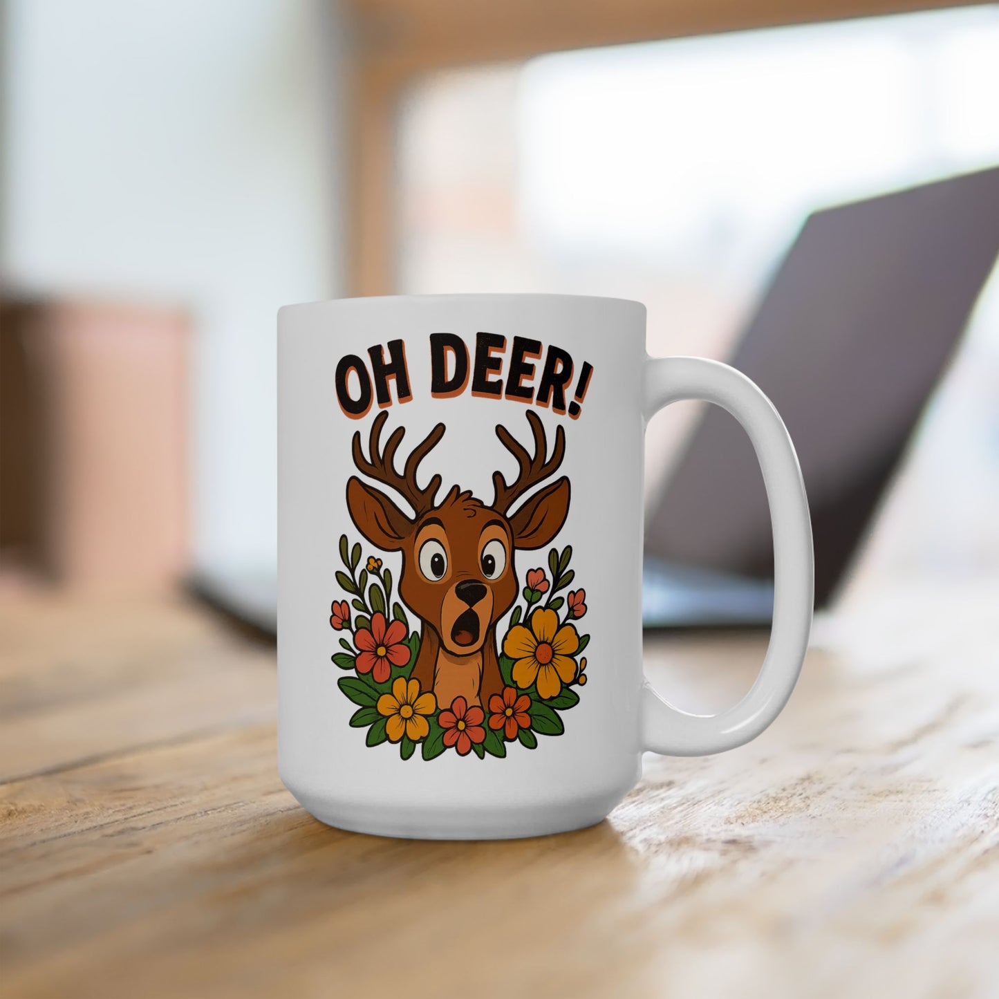 Funny Deer Coffee Mug | Oh Deer Cartoon Cup, Cute Animal Pun Gift, Nature Lover Tea Mug, Whimsical Flower Deer Cup for Wildlife Fans