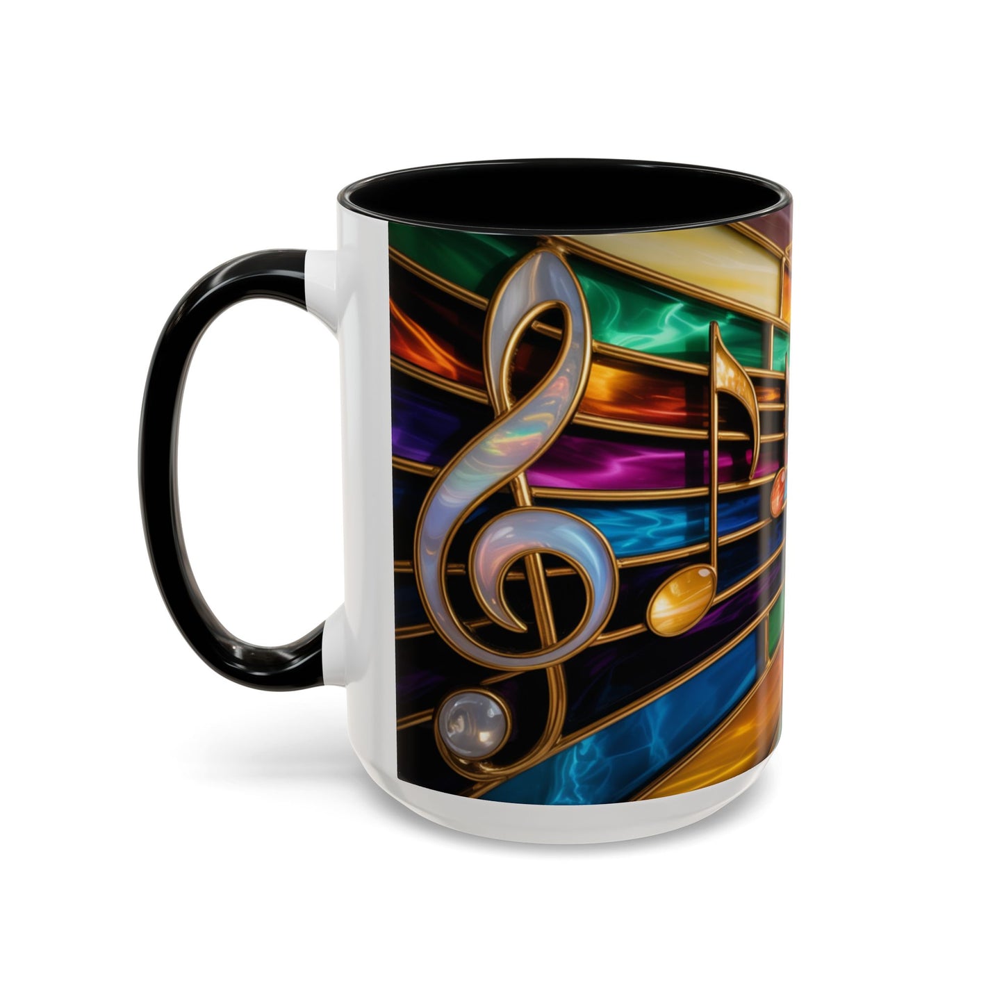 Stained glass music mug, musical notes coffee cup, colorful musician gift mug, music lover present, treble clef art mug, music teacher gift