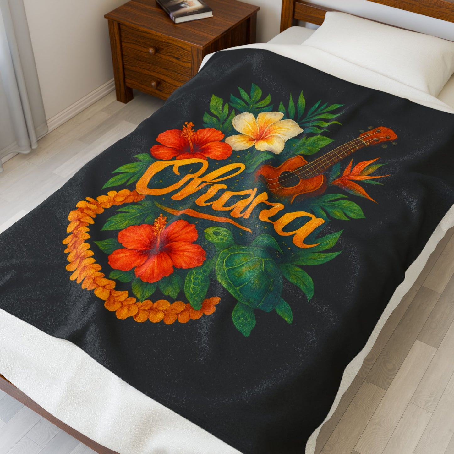 Ohana Hawaiian Blanket - Tropical Floral Turtle Ukulele Throw - Polynesian Island Bedding - Hawaii Gift - Cozy Beach Vibes Decor