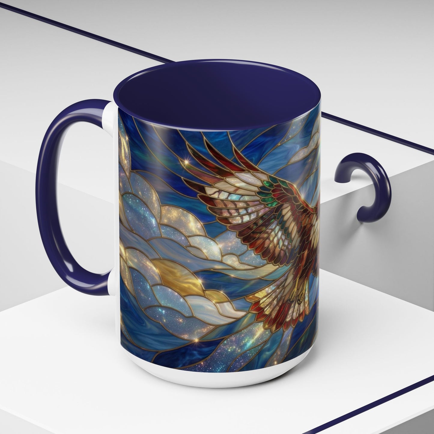 Stained Glass Hawk Mug, Soaring Bird Coffee Mug, Nature Art Hawk Cup, Bird Lover Gift, Stained Glass Style Animal Mug