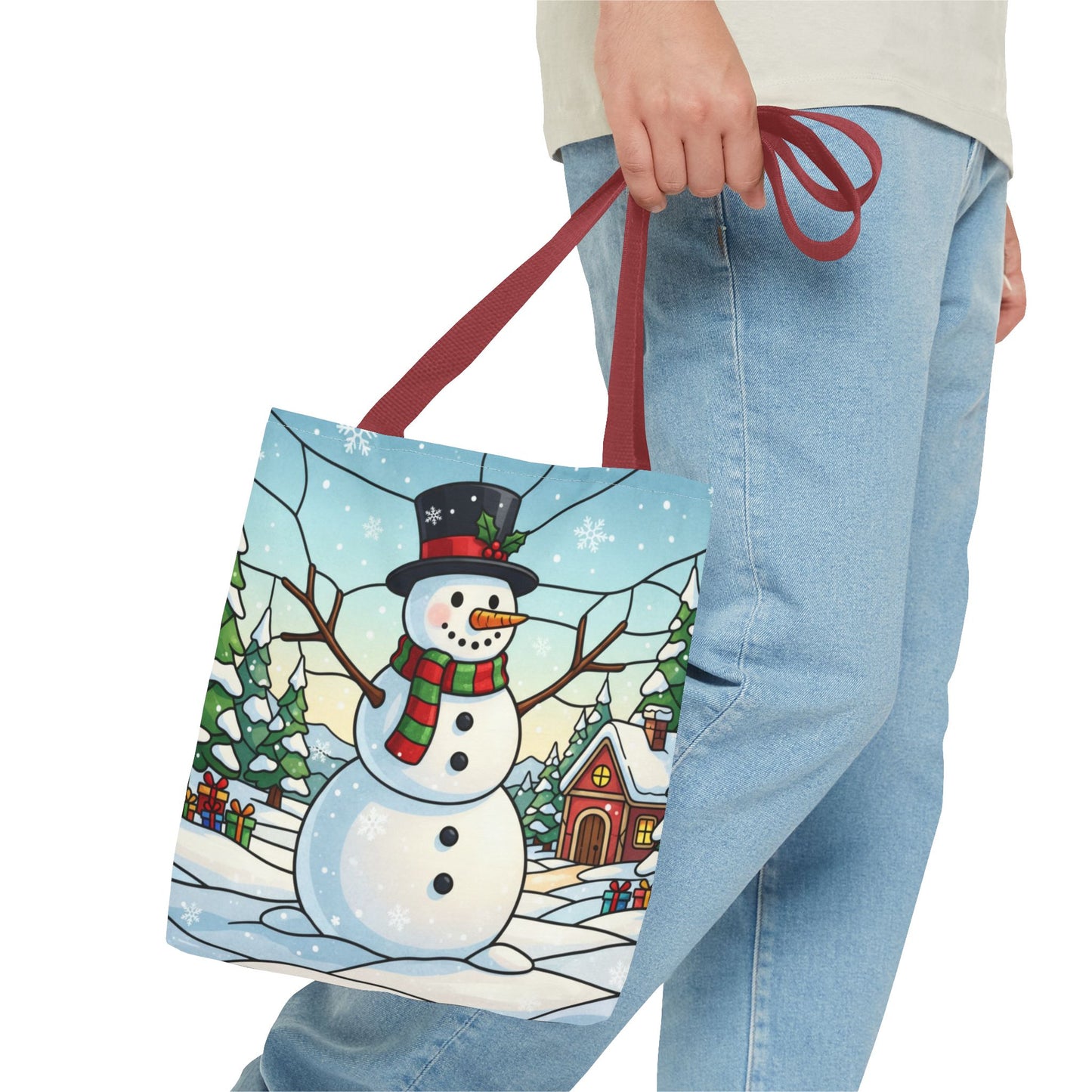 Stained Glass Snowman Christmas Tote Bag, Holiday Art Tote, Festive Winter Gift Bag, Colorful Christmas Scene Reusable Shopping Bag
