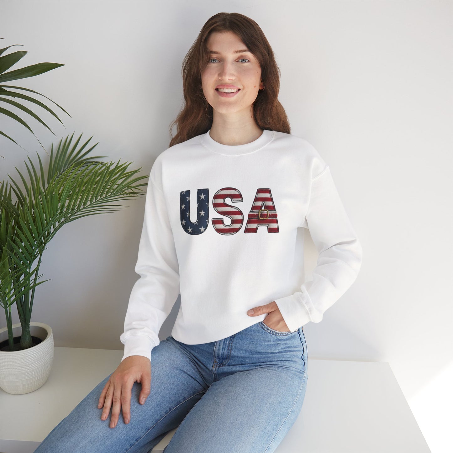 Faux Patchwork USA Sweatshirt, Patriotic Quilt Style Top, Rustic Americana Crewneck, 4th of July Shirt, Country USA Sweater, Vintage Flag Top