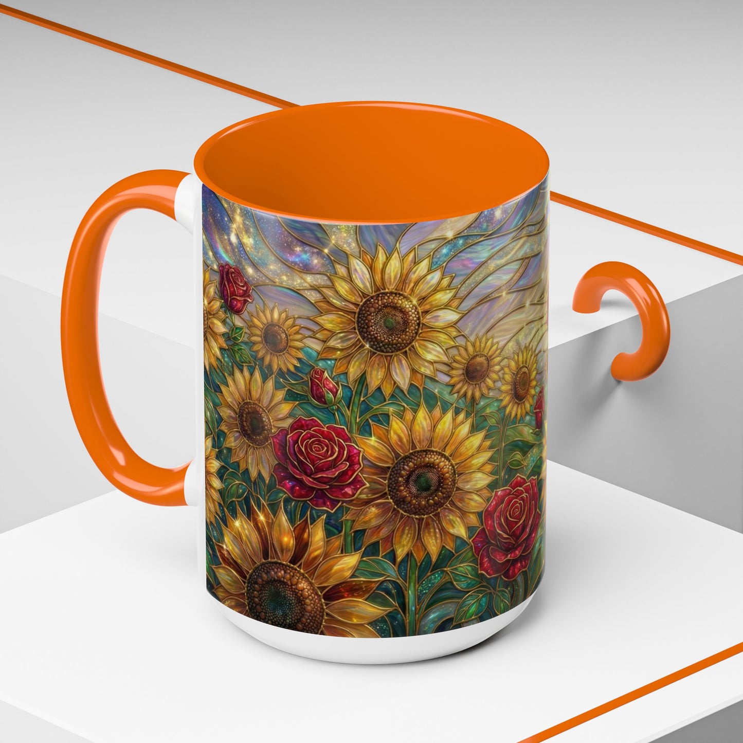 Personalized Stained Glass Sunflower Mug, Custom Red Rose Floral Coffee Cup, Celestial Night Sky Botanical Teacup, Gift For Flower Lover