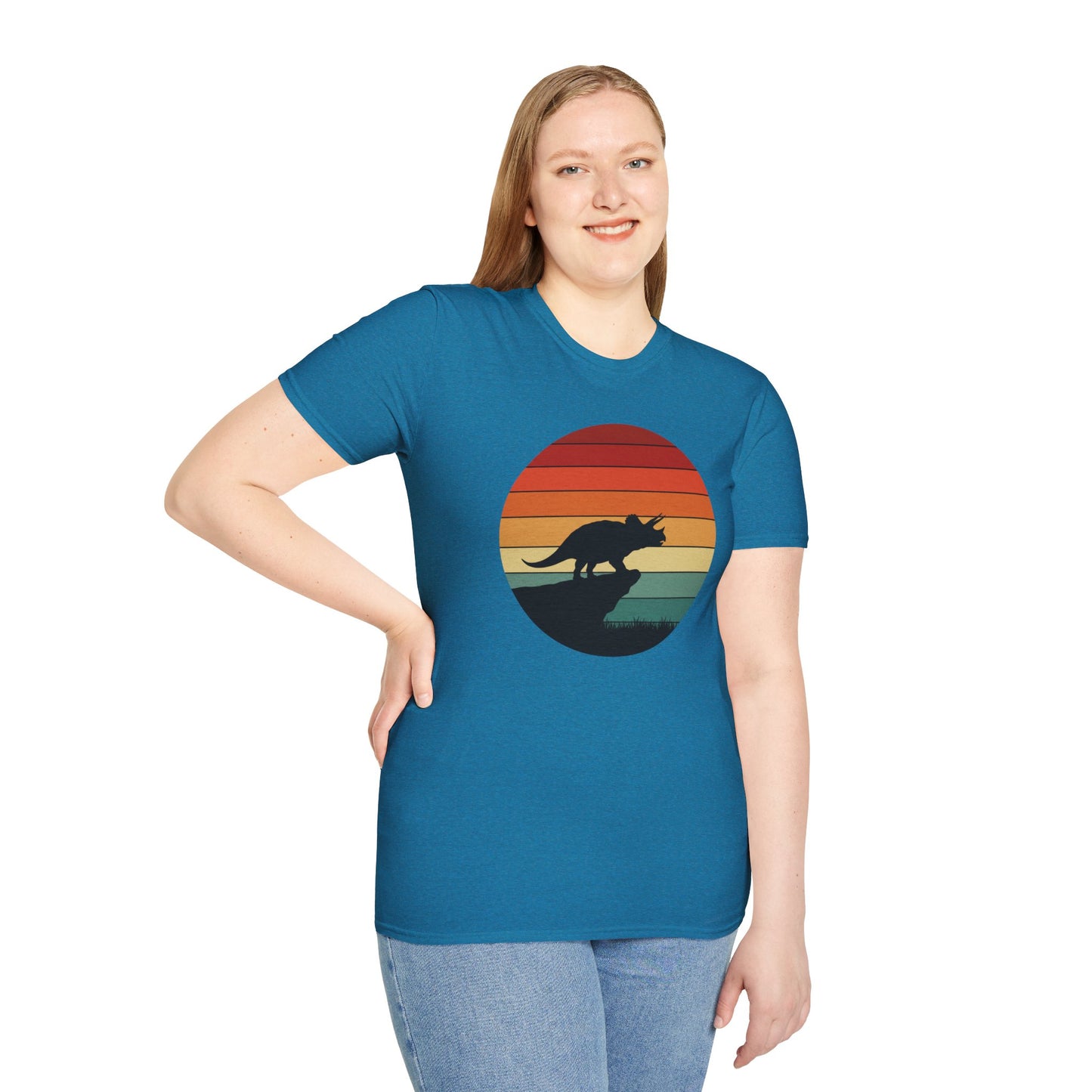 Retro Triceratops Sunset T-Shirt - Vintage Dino Graphic Tee - Unisex Softstyle Dinosaur Shirt - Nature and Prehistoric Lover Gift