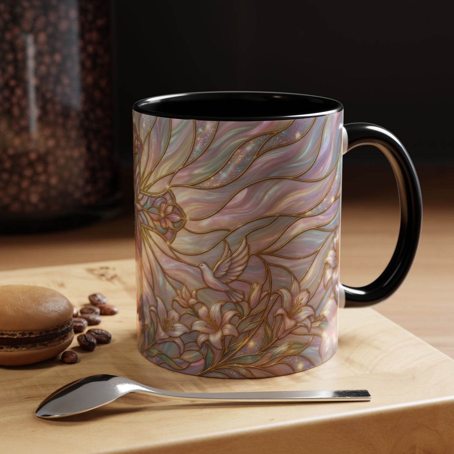 Stained Glass Cross Mug, Easter Lily Coffee Cup, Christian Gift for Women, Pastel Religious Drinkware, Dove and Faith Cup, Spiritual