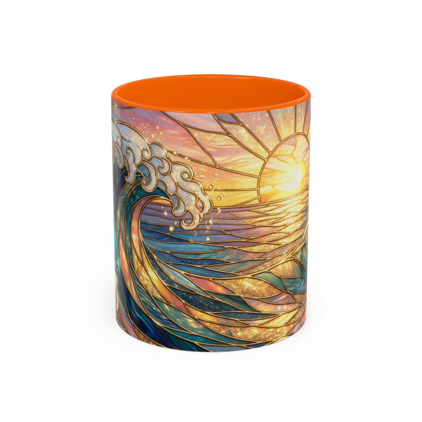 Stained Glass Ocean Wave Mug, Sunrise Beach Coffee Cup, Japanese Art Gift, Coastal Decor Kitchen, Mosaic Sea Tea Cup, Blue Gold Nature Lover
