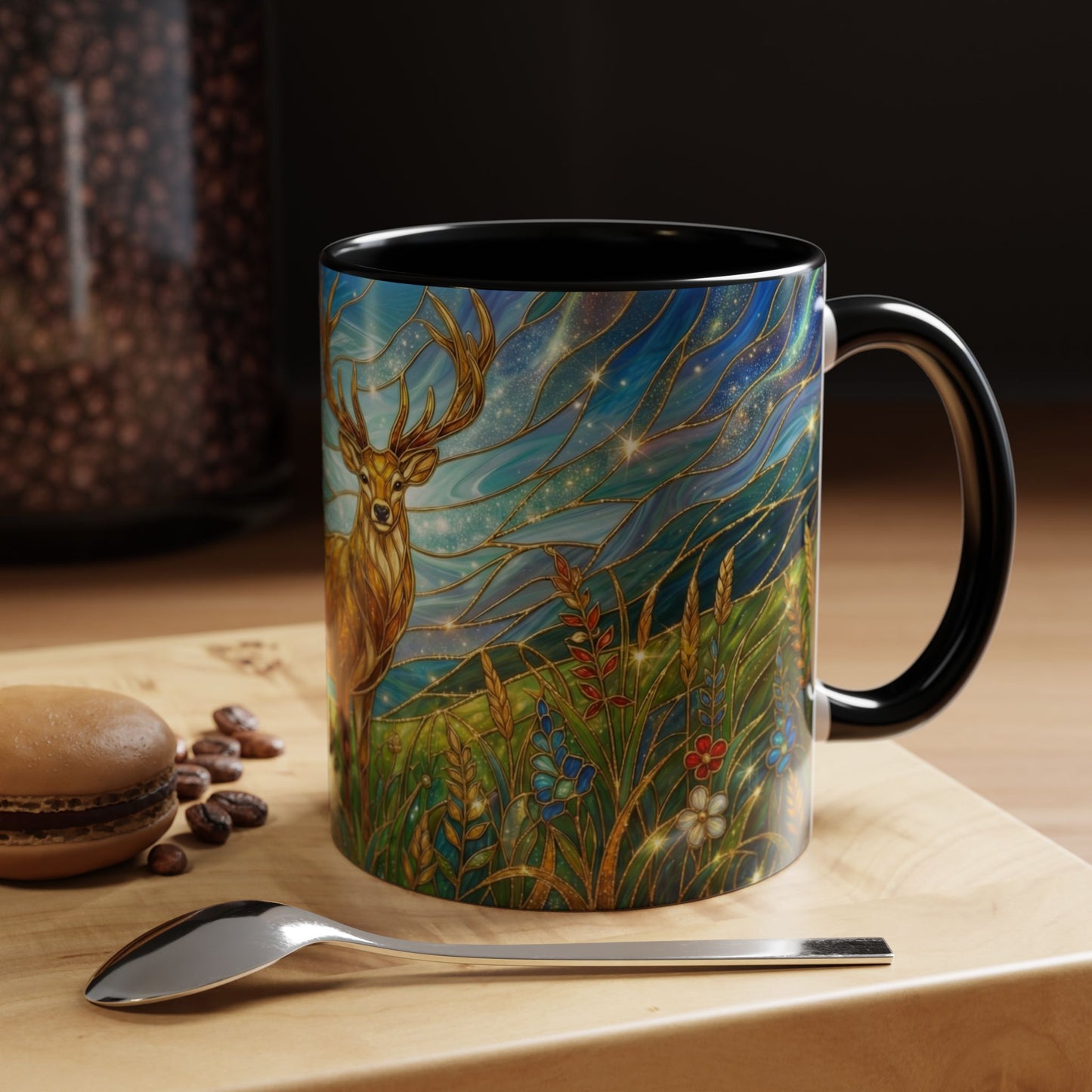 Stained Glass Deer Mug, Woodland Art Coffee Cup, Nature Forest Mug, Blue Green Gold Glass Style Mug, Gift For Nature Lovers Decor