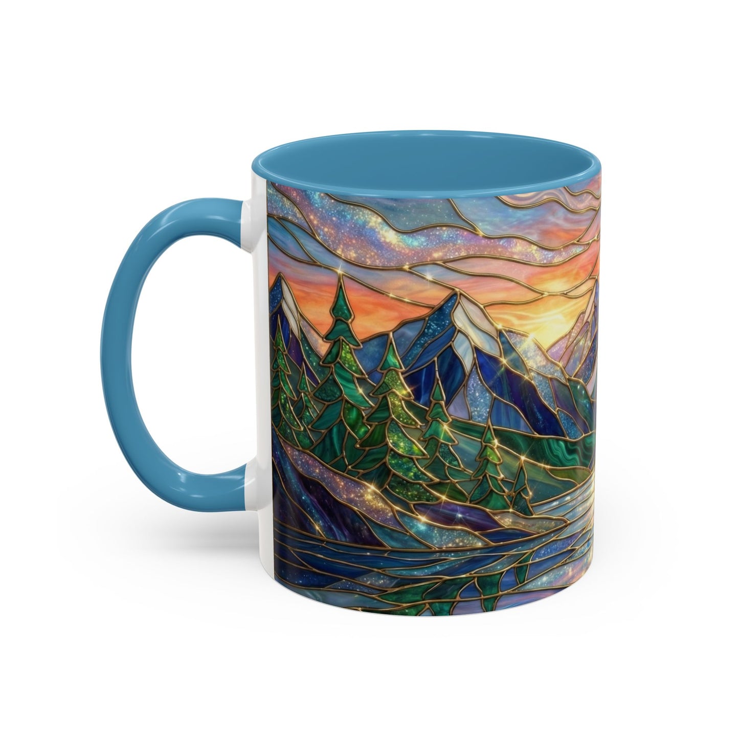 Stained Glass Mountain Mug, Sunset Mountain Landscape Coffee Cup, Nature Ceramic Mug With Forest And River, 11oz 15oz Gift