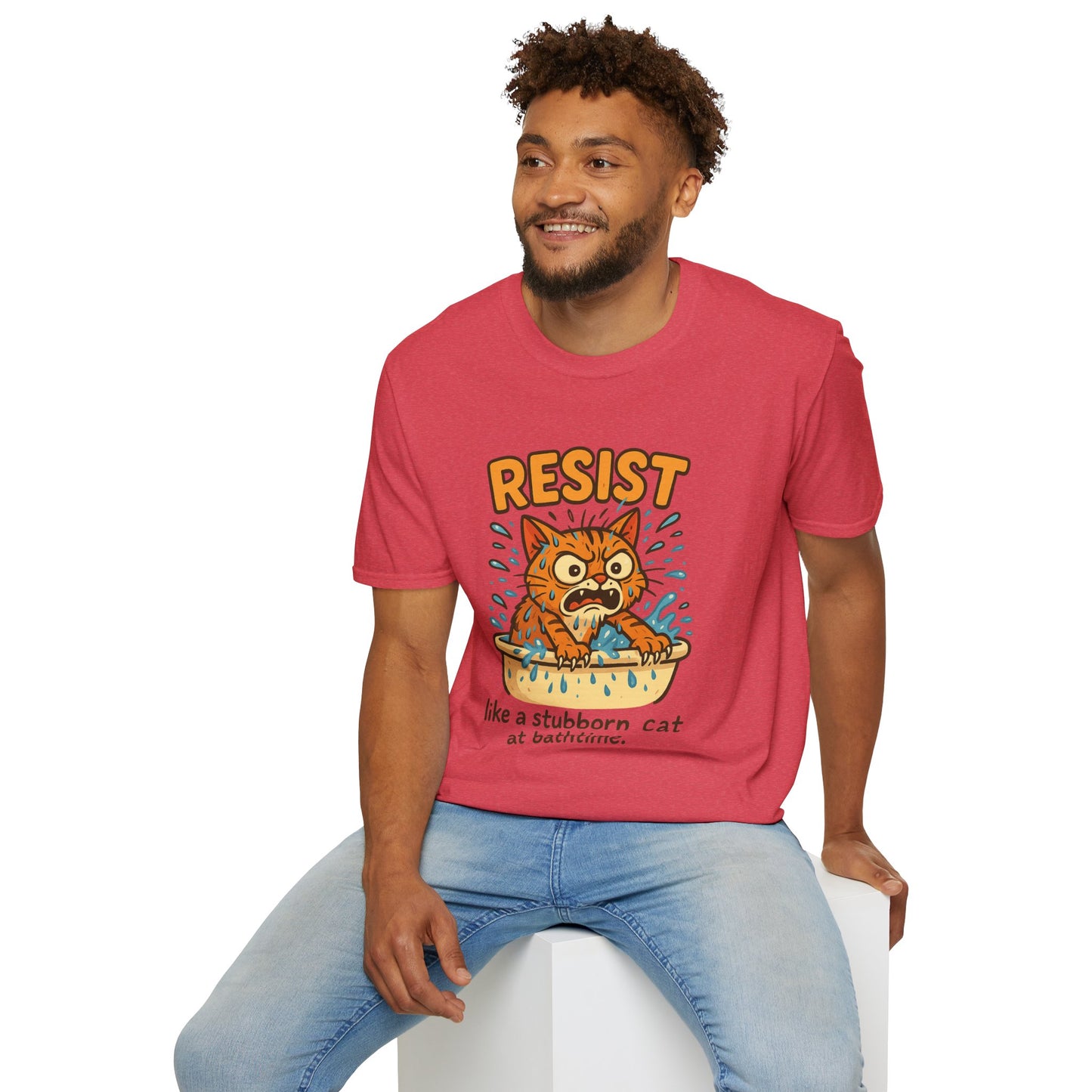 Resist Like A Stubborn Cat At Bathtime Funny Cat Lover Graphic Tee - Quirky Self Care Shirt - Gift For Pet Moms, Dads and Humor Fans