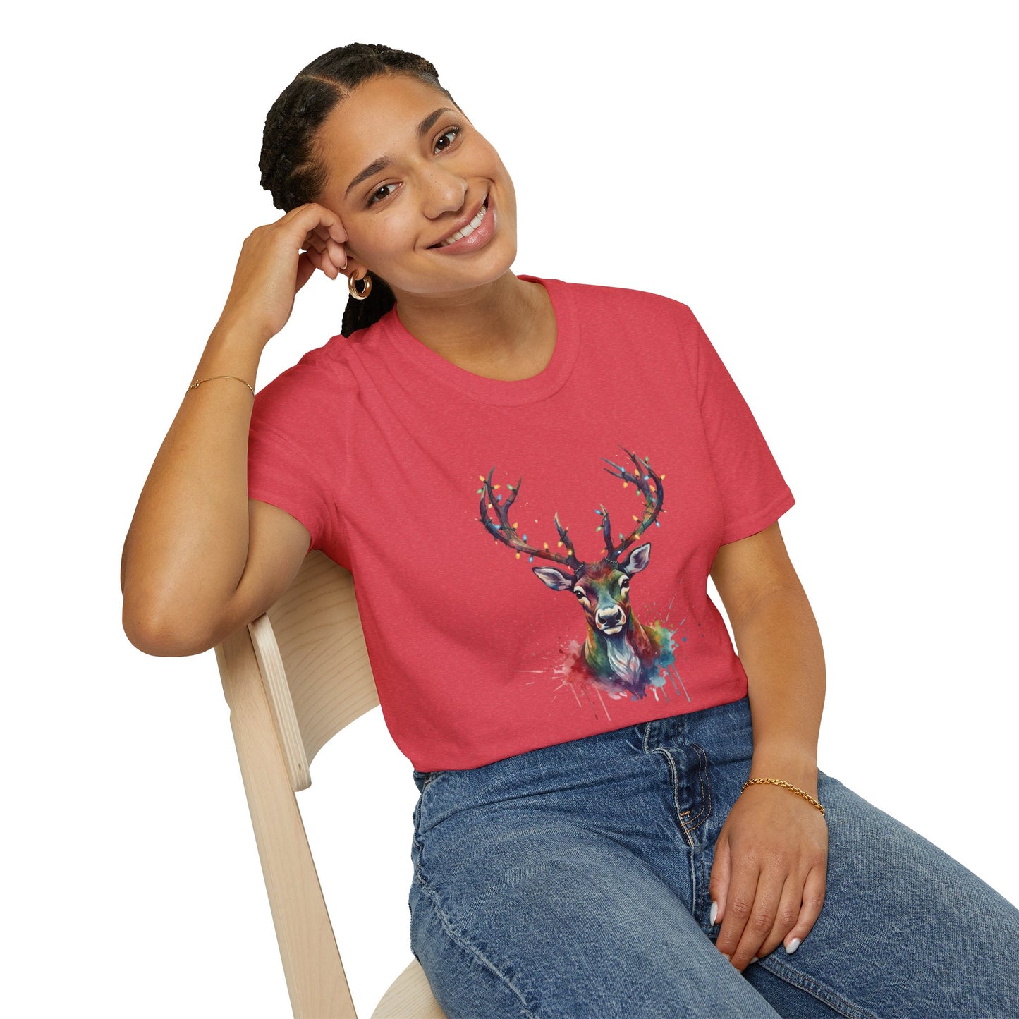 Christmas Deer Shirt, Watercolor Buck T-Shirt, Deer With Christmas Lights Tee, Holiday Wildlife Art Shirt, Colorful Deer Head Xmas Tee